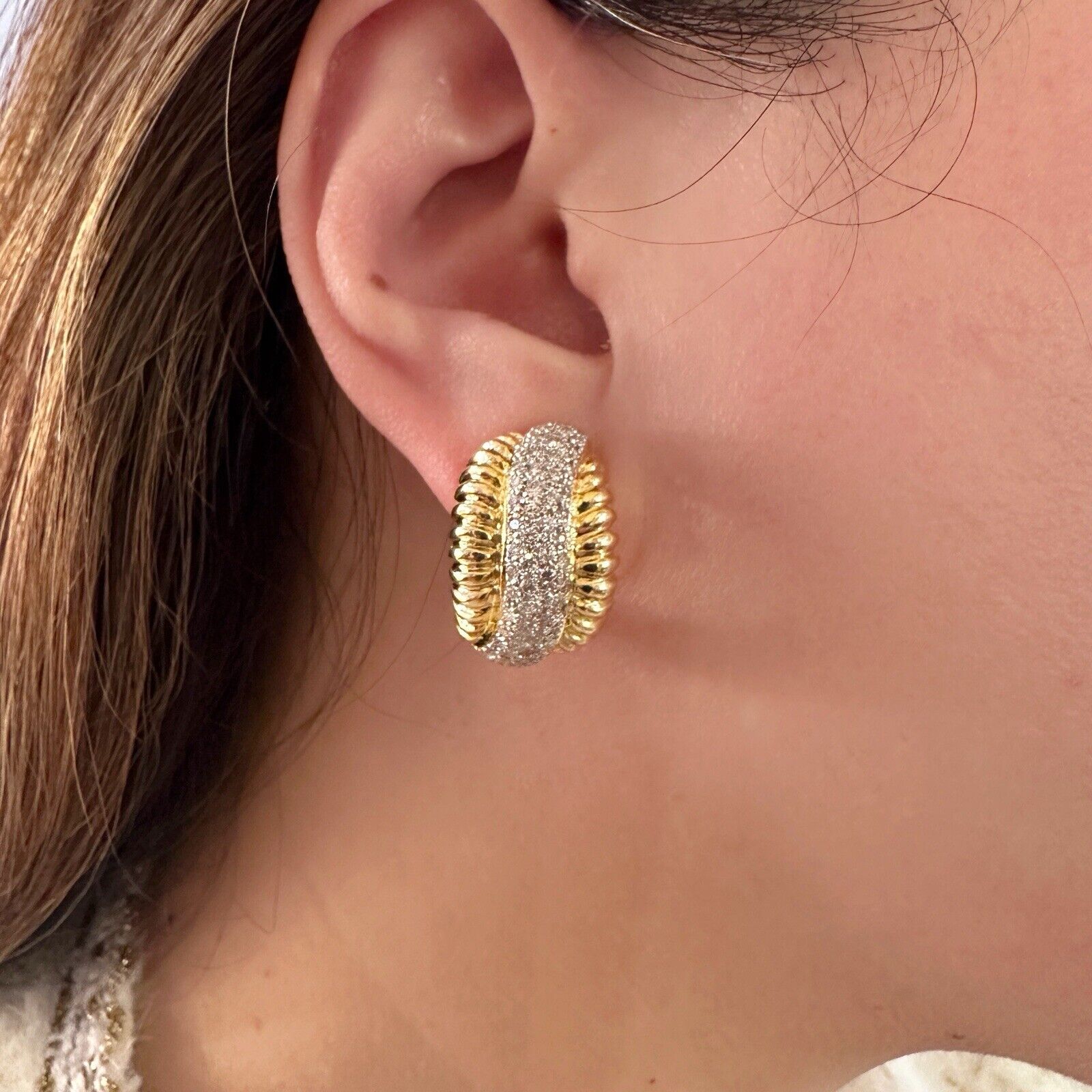 Scalloped Gold and Diamond Pave Half Hoop Earrings in 18k Yellow Gold