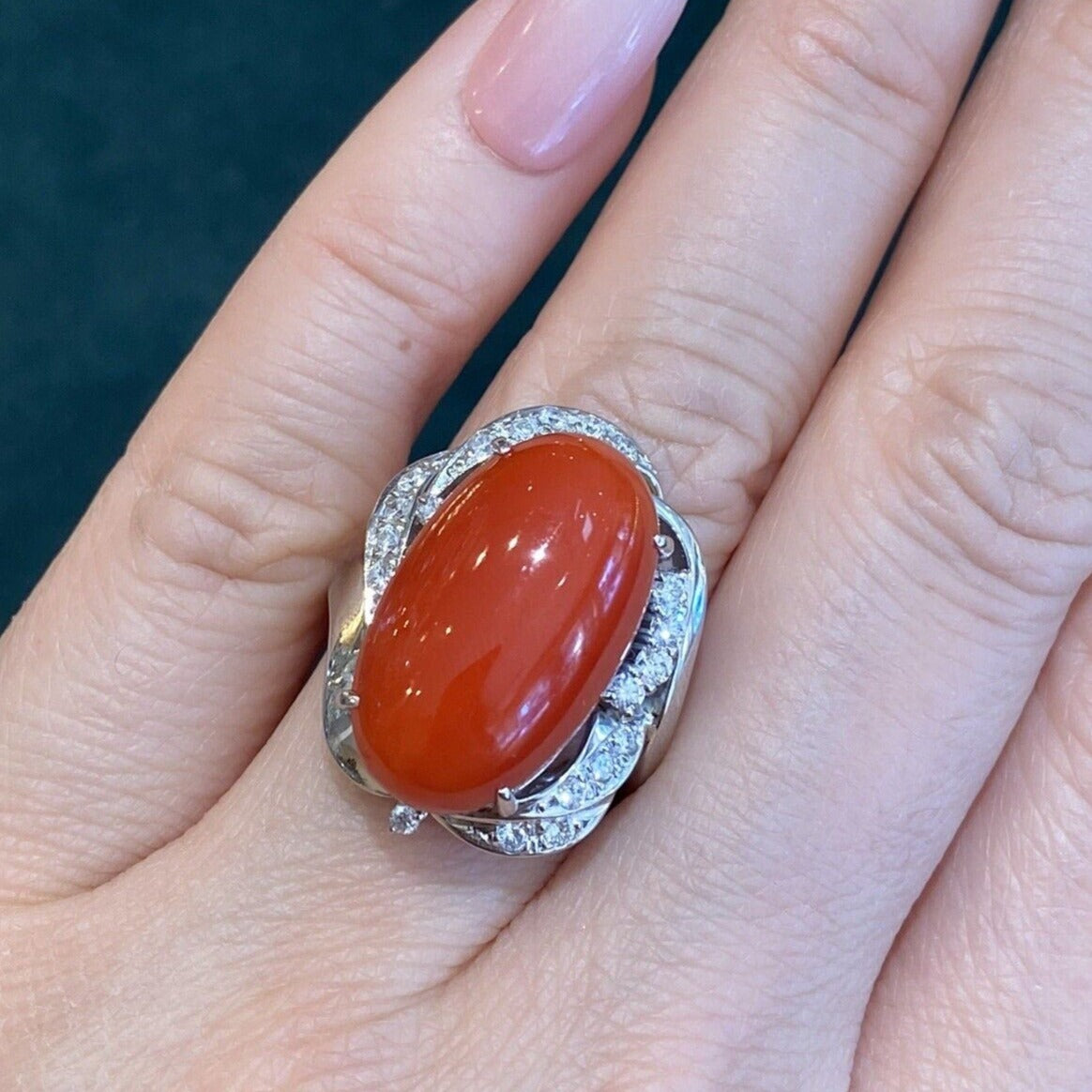 Estate Oval Coral and Diamond Cocktail Ring in Platinum