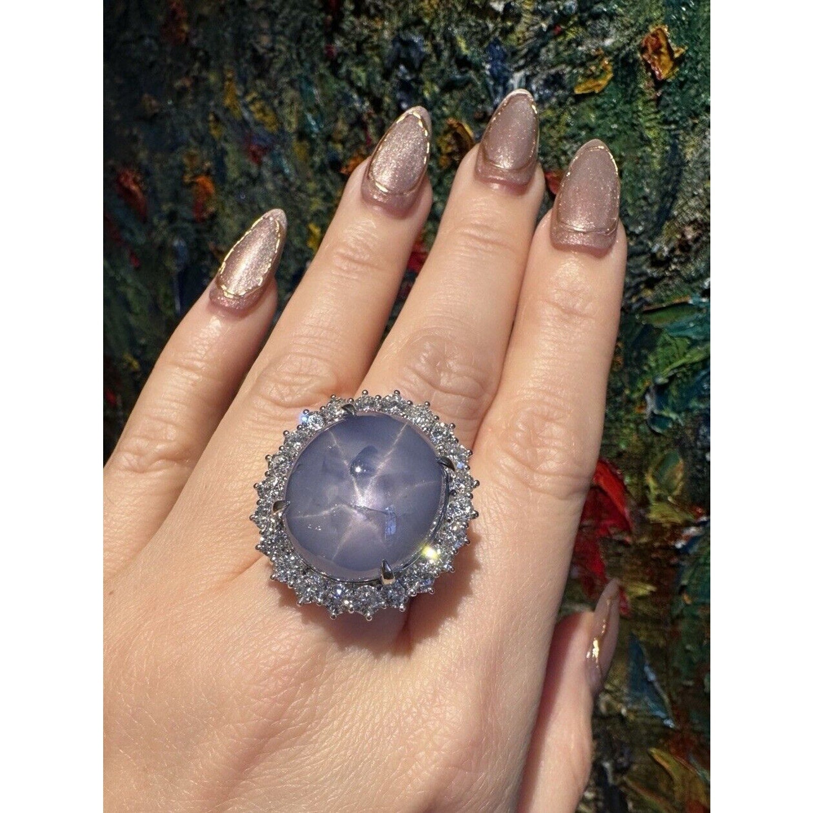 Natural 45.82 ct Star Sapphire and Diamond Ring in Platinum