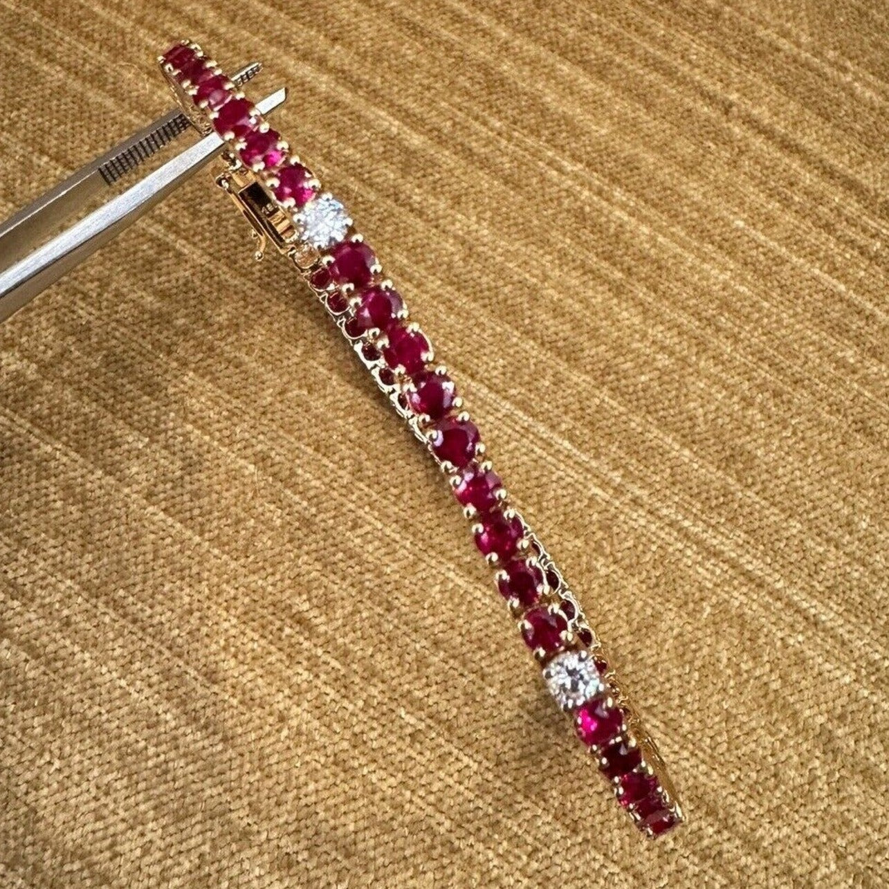 Unheated Ruby and Diamond Line Tennis Bracelet in 18k Yellow Gold