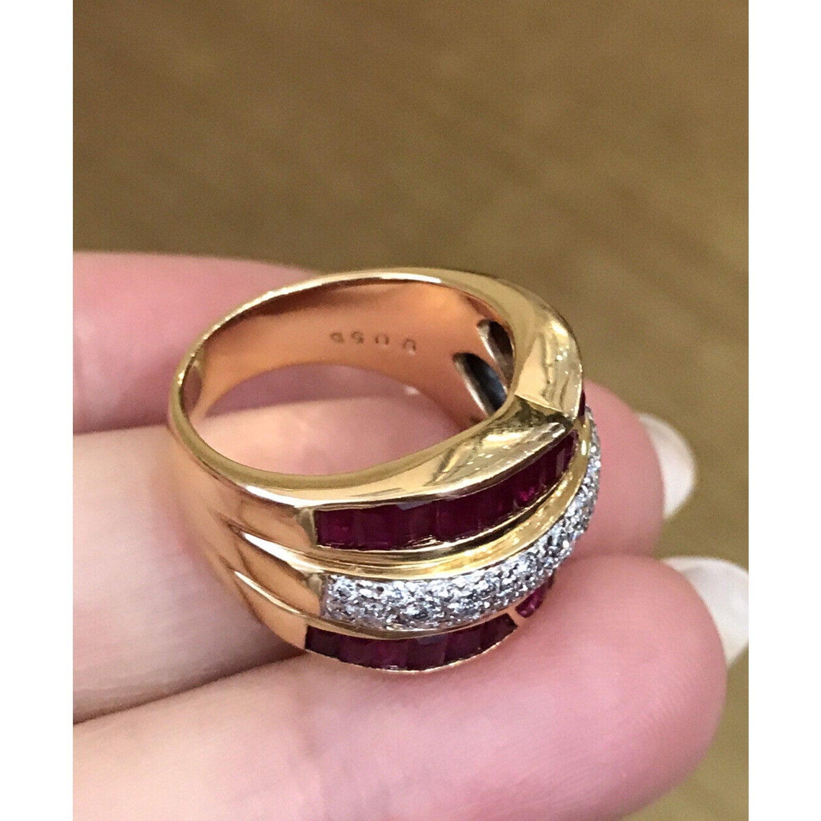 Ruby and Diamond Baguette Wide Band Cocktail Ring in 18k Yellow Gold