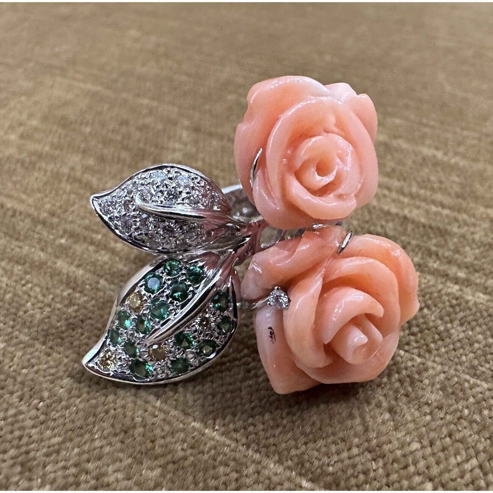 Coral Rose Ring with Diamonds and Gemstones in 18k White Gold - HM2469S