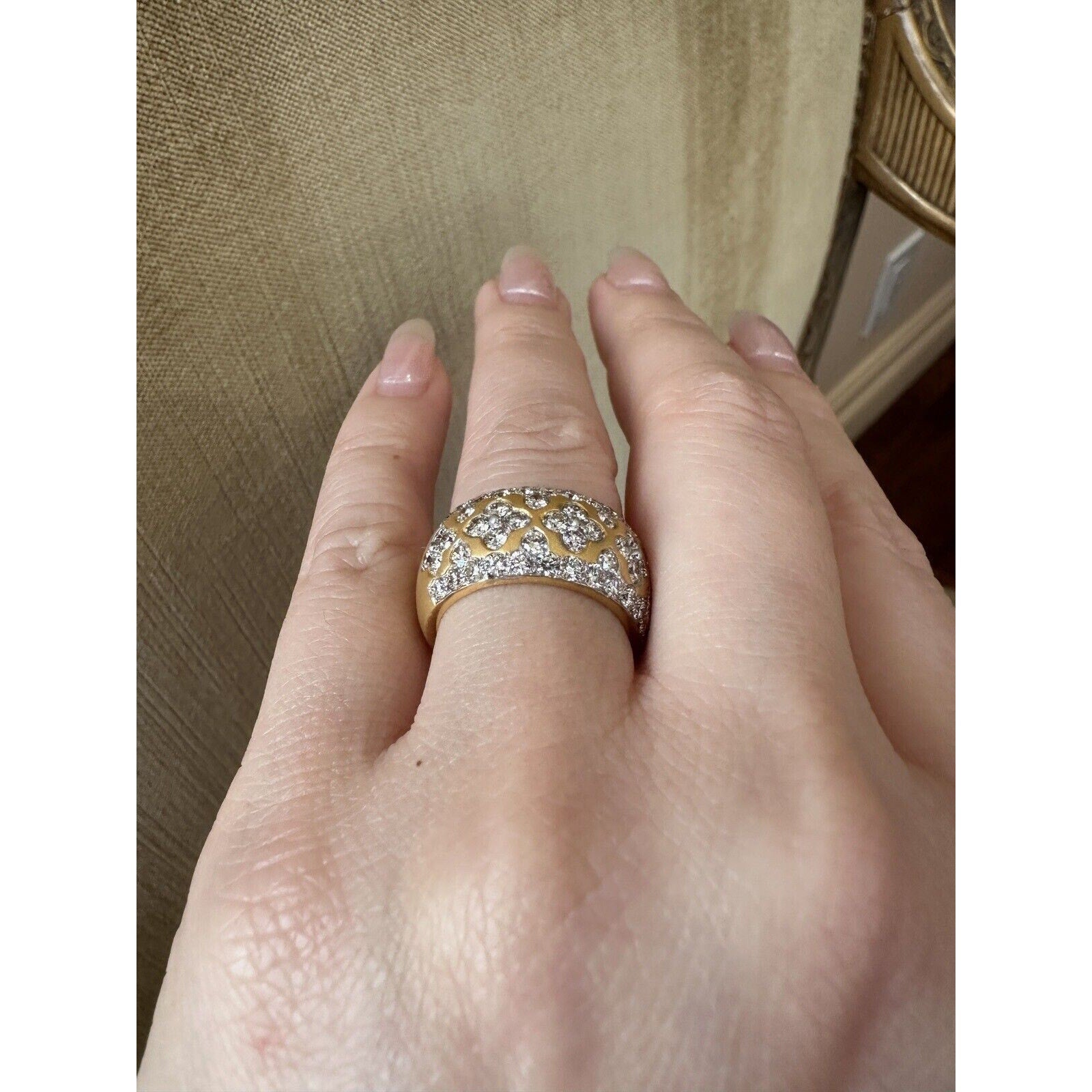 Wide Diamond Cigar Band Ring -Clover Design- insd 18k Yellow Gold