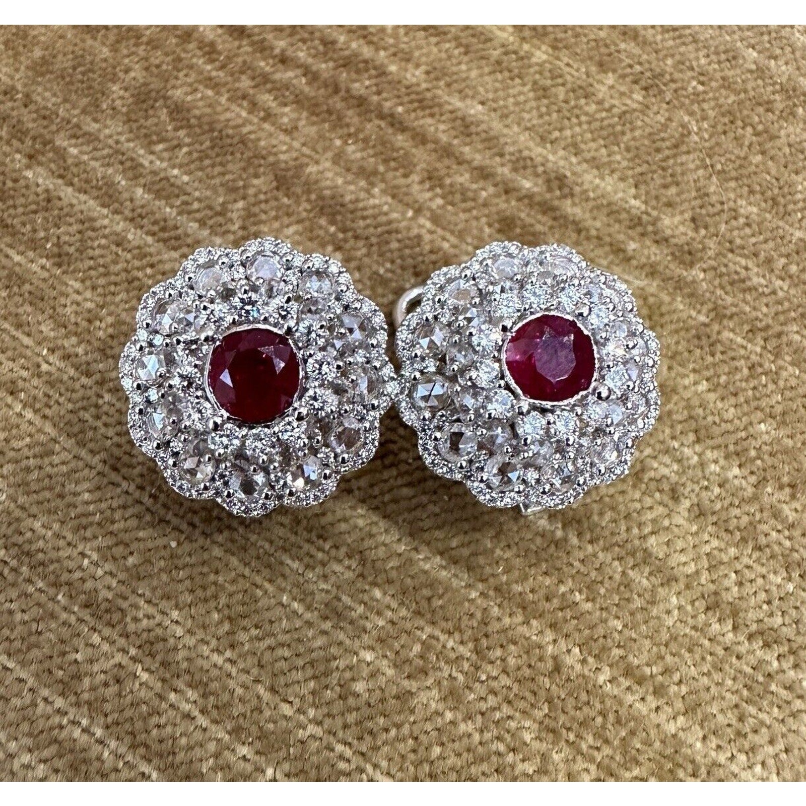Natural Ruby and Diamond Flower Cluster Earrings in 18k White Gold
