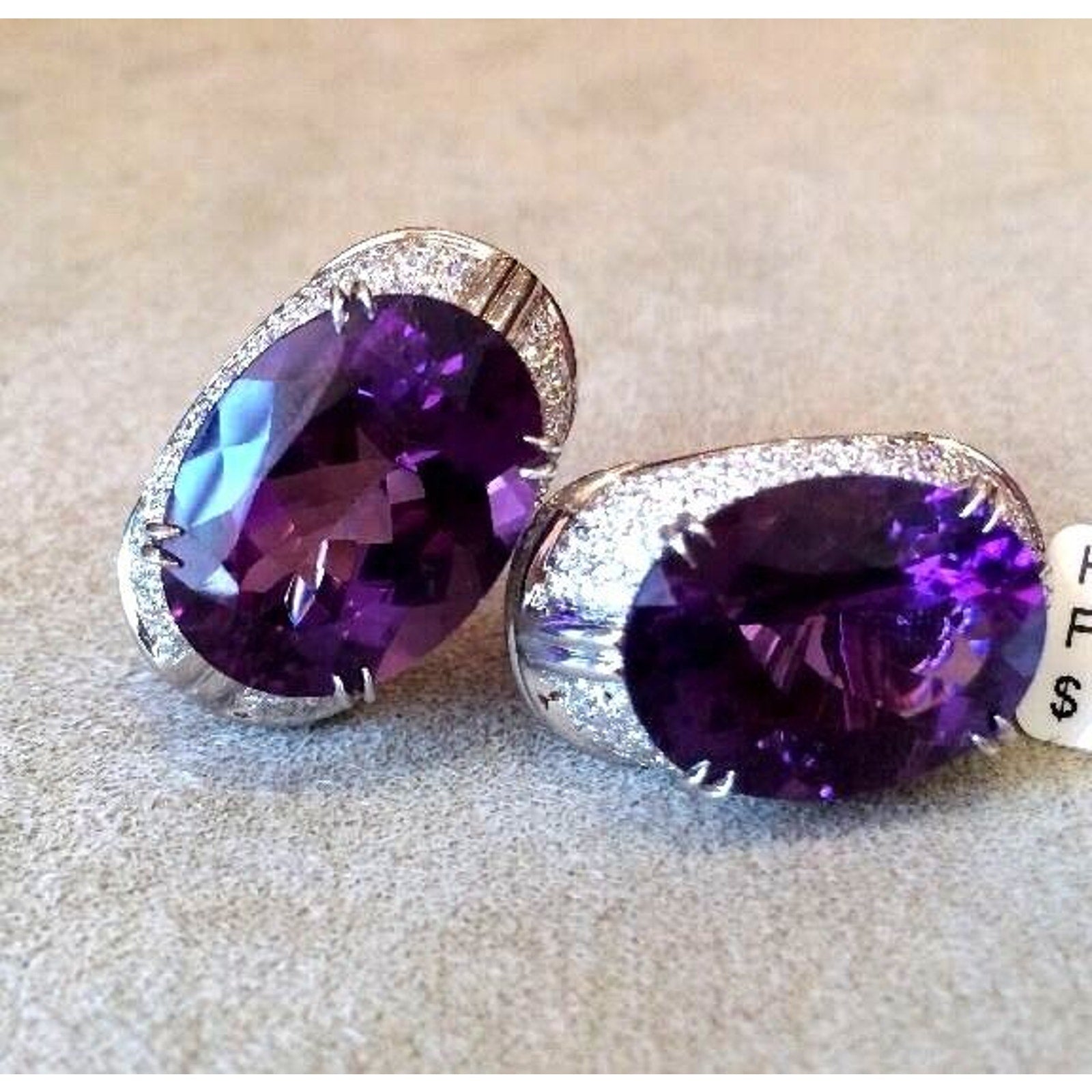 37.26 carat Oval Amethyst and Pave Diamond Earrings in 18K White Gold