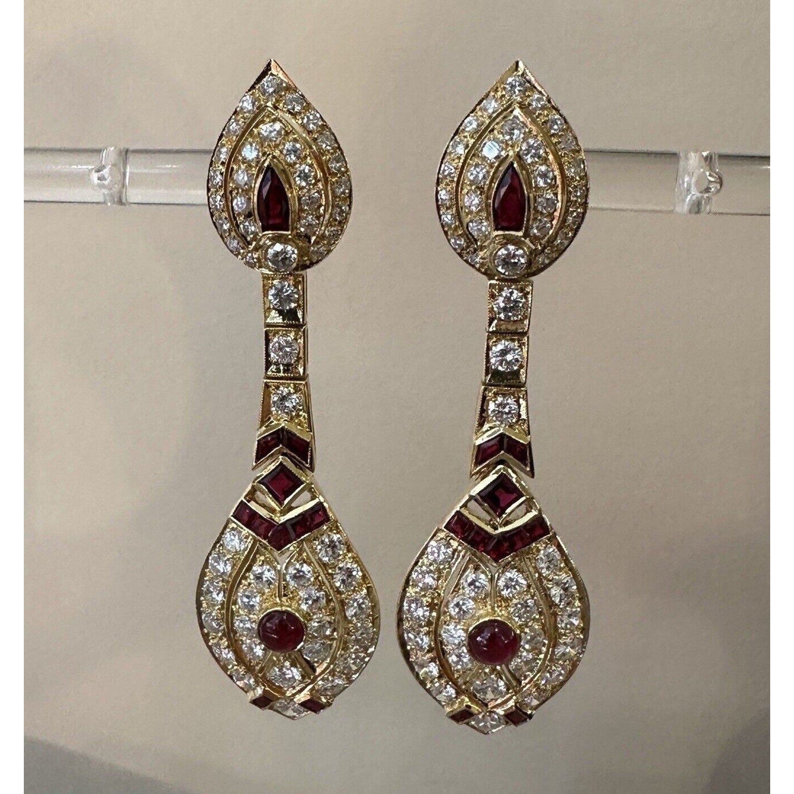 Ruby and Diamond Drop Earrings in 18k Yellow Gold