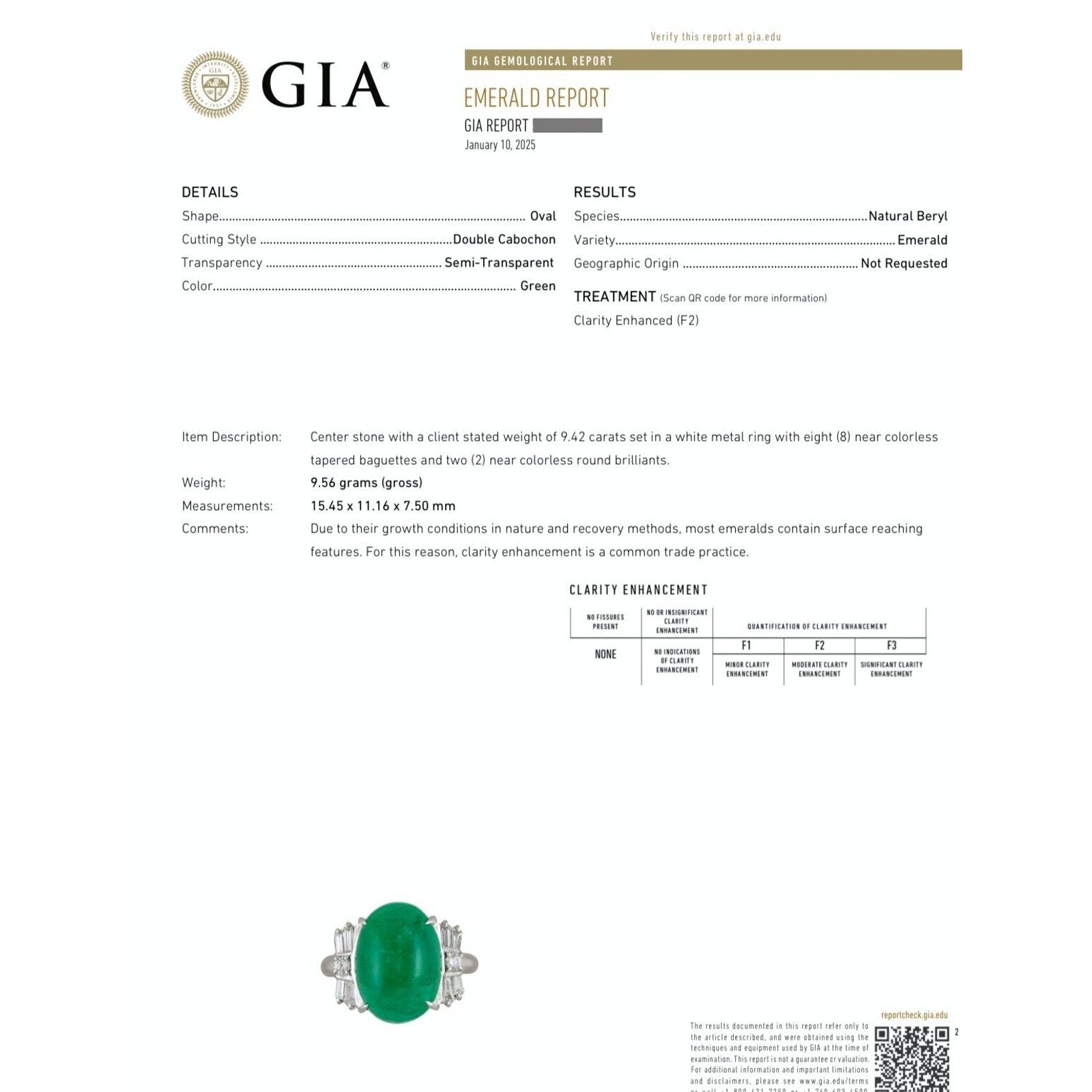 GIA Cabochon Emerald 9.42 ct and Diamond Ring in Platinum