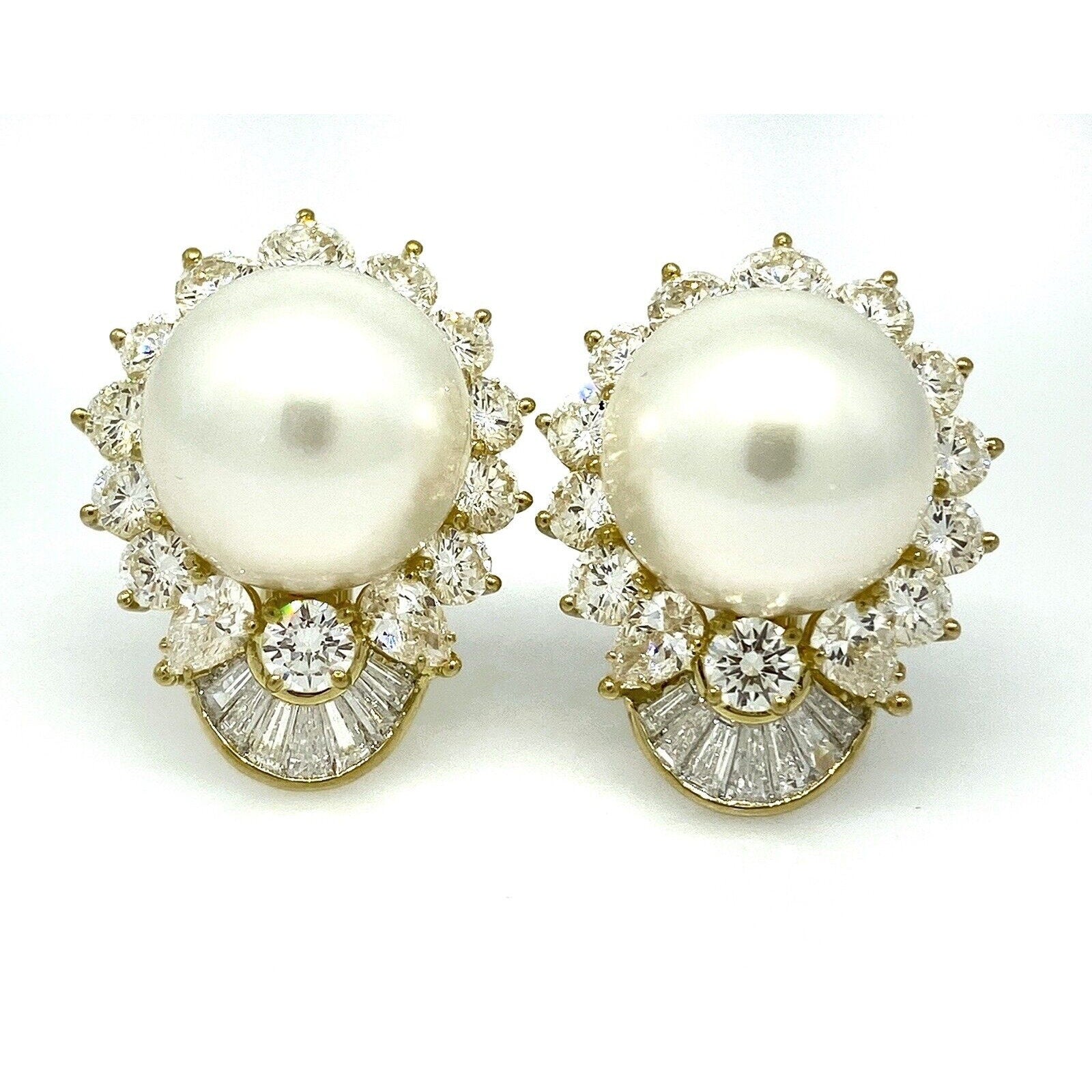 Large White South Sea Pearl and Diamond Earrings in 18k Yellow Gold