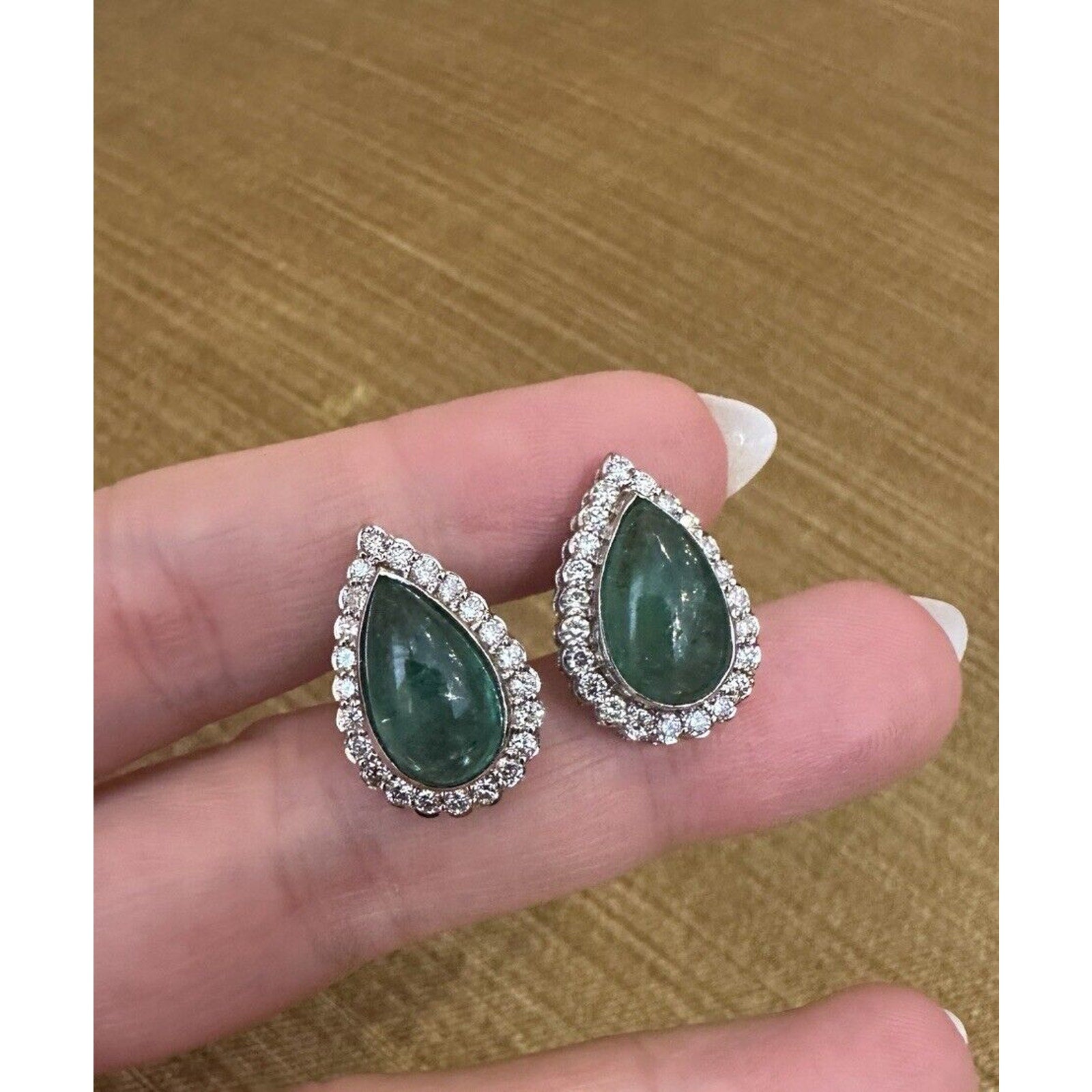 Emerald Cabochon Earrings with Diamonds in 18k White Gold