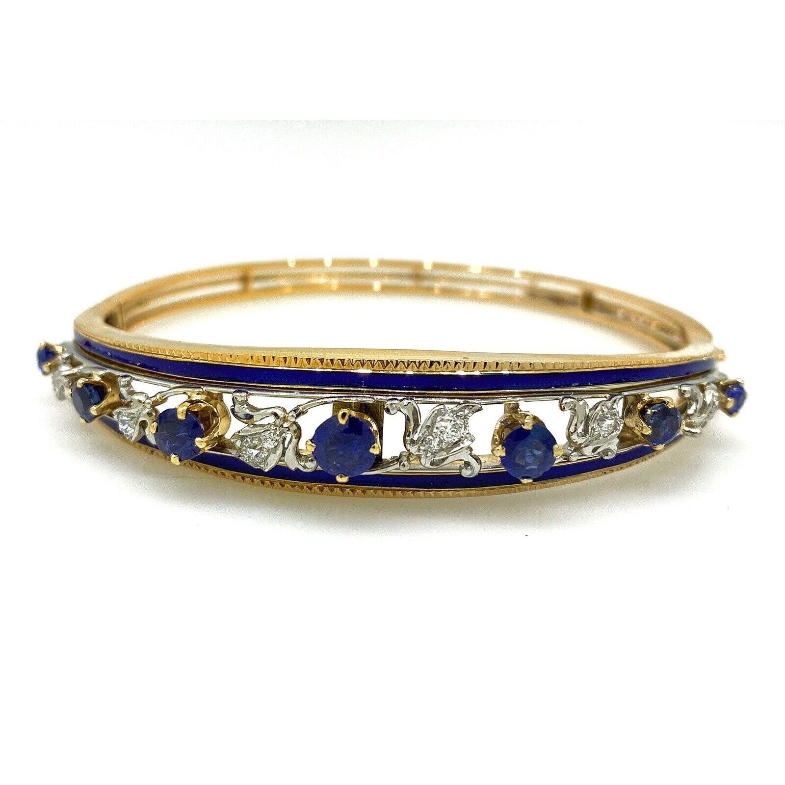 Vintage Diamond, Sapphire and Enamel Bangle Bracelet in 14k Gold