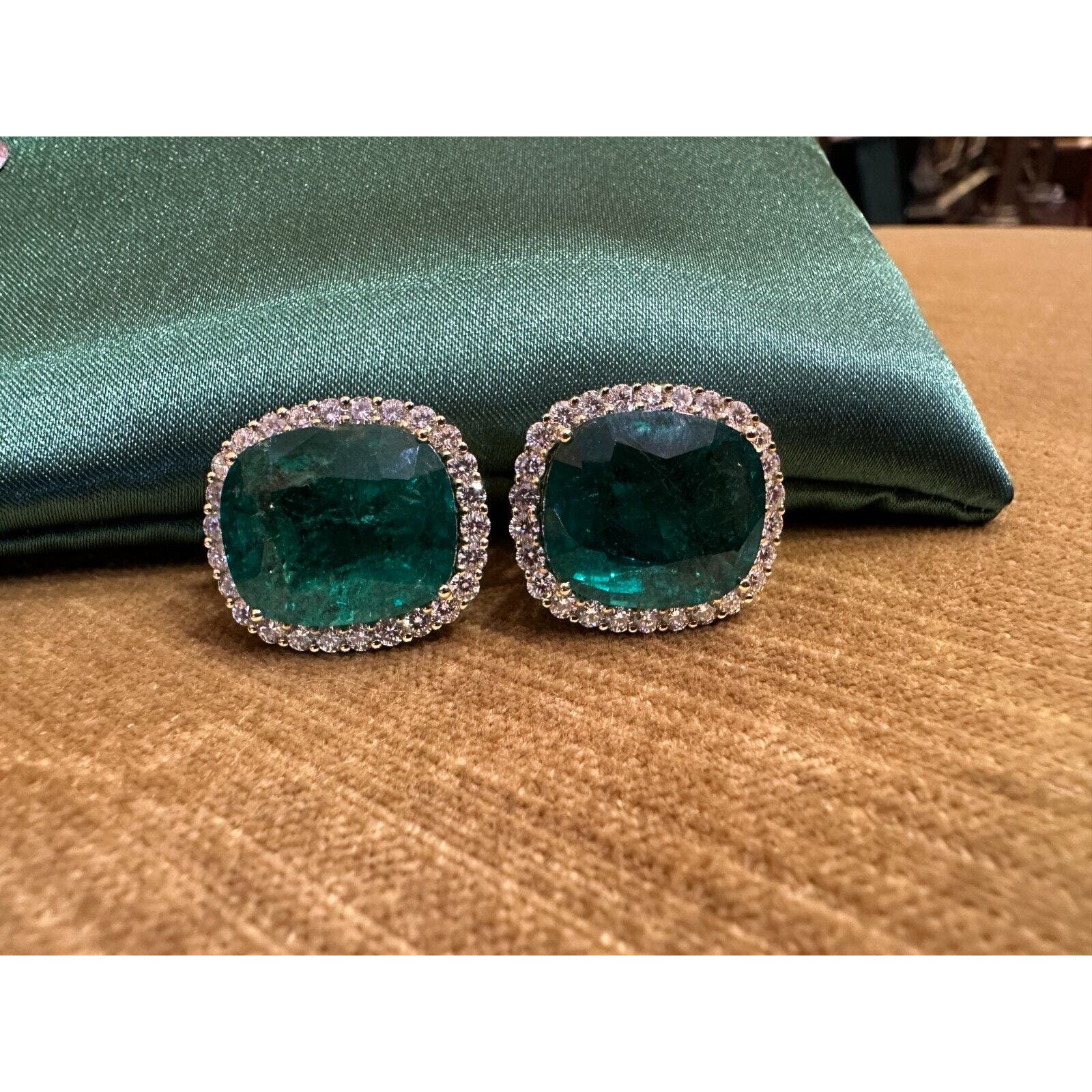 AGL 29.15 cts Cushion Emerald Halo Diamond Earrings 18k Yellow Gold -HM2450AE