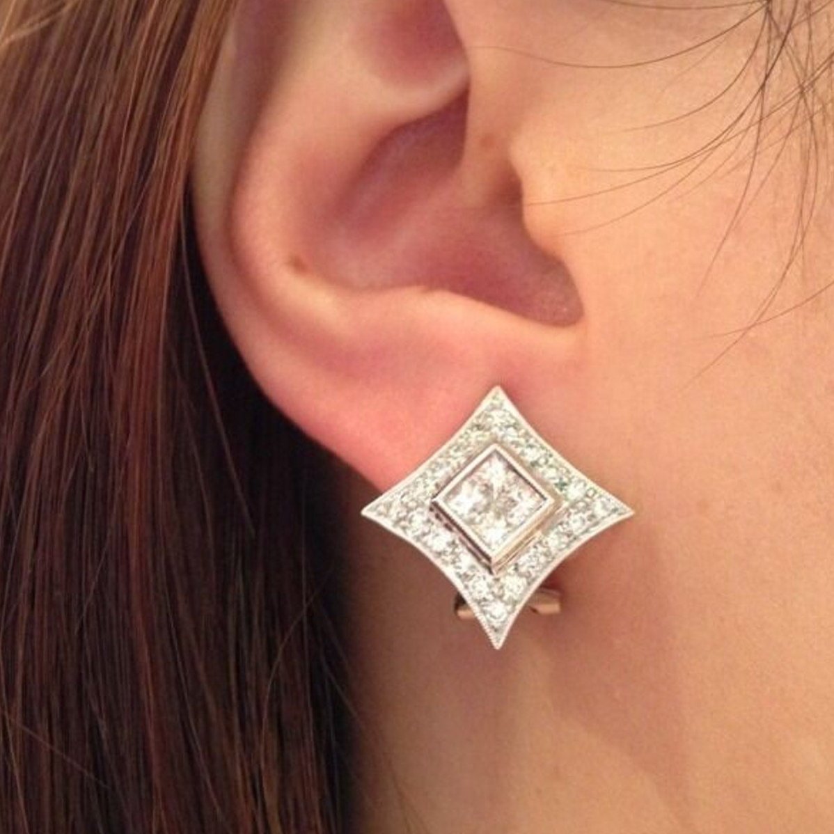 Pave and Invisible Set Diamond Earrings in 18k White Gold