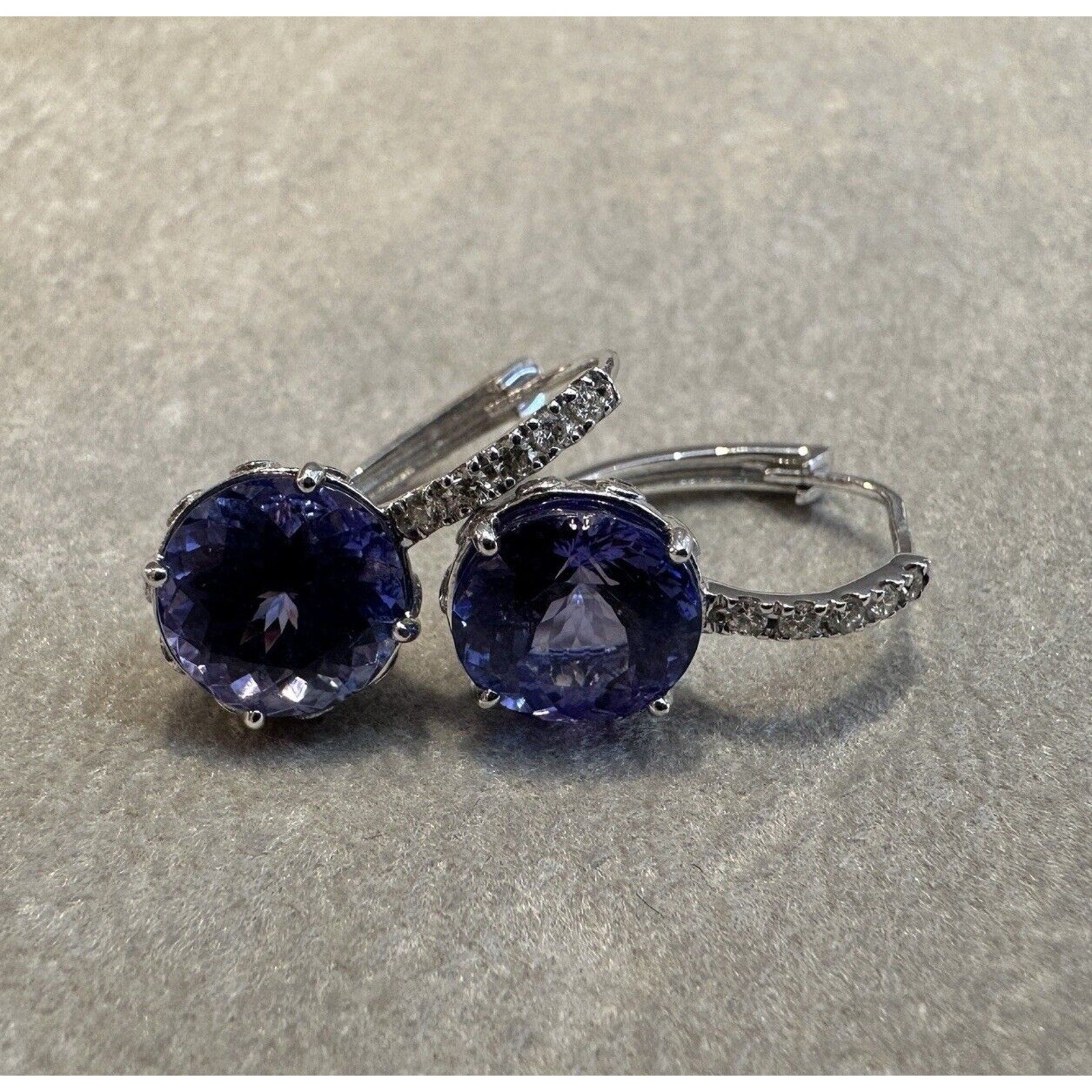 Round Tanzanite & Diamond Drop Earrings in 18k White Gold