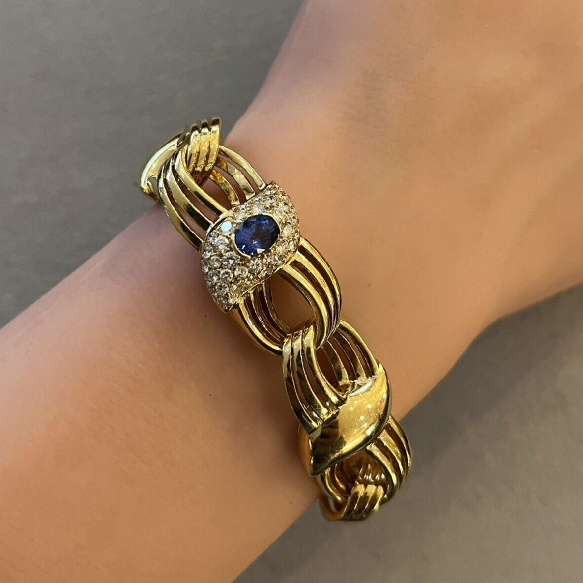 Wide Natural Sapphire and Diamond Link Bracelet in 18k Yellow Gold