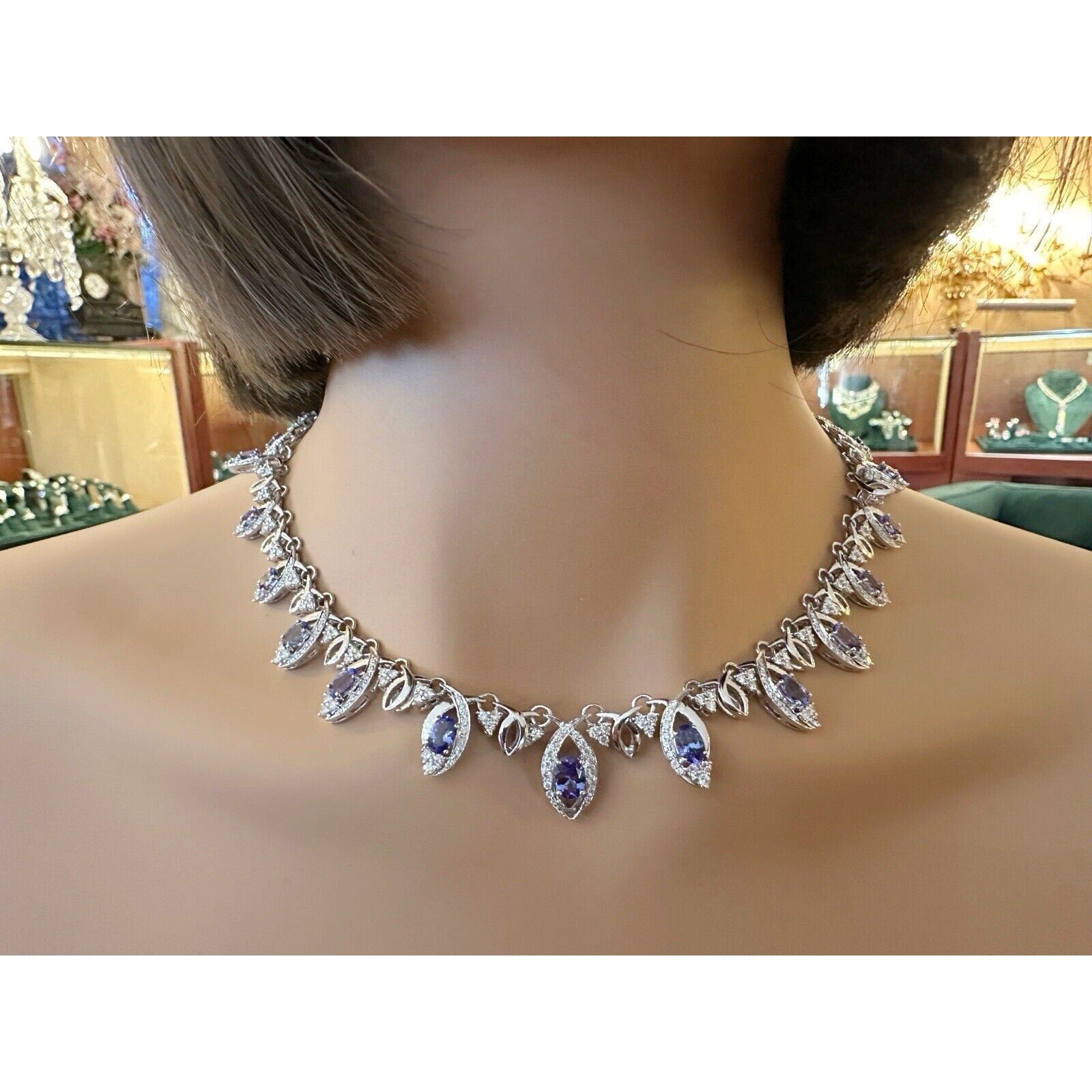 Natural Tanzanite and Diamond Choker Necklace in 18k White Gold