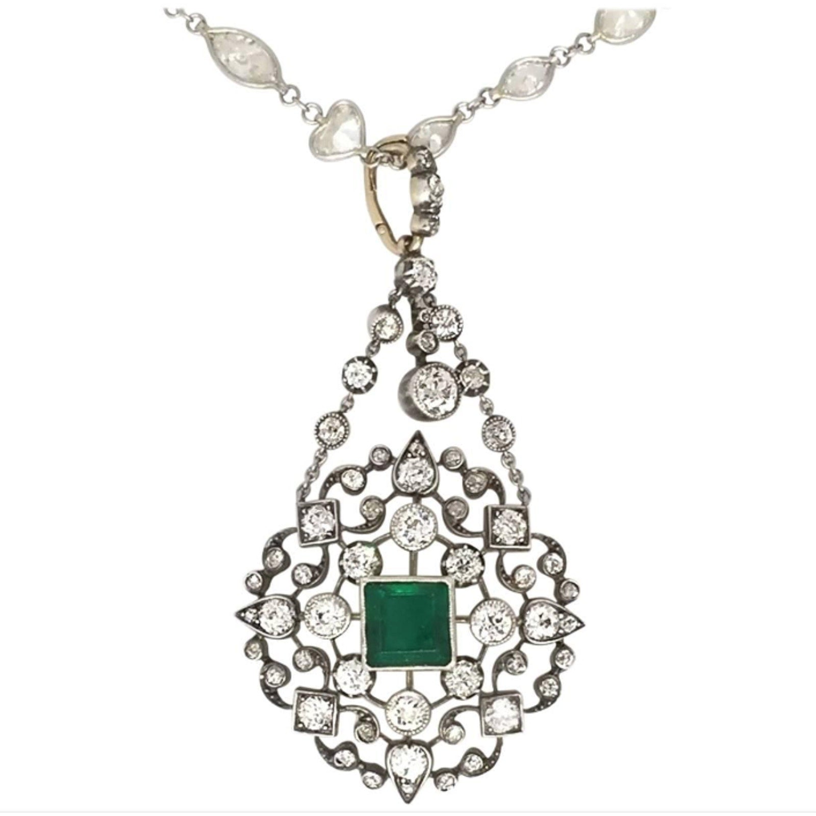 Vintage Diamond Pendant with Emerald Center 6.31 carat total weight 18k with Silver Top