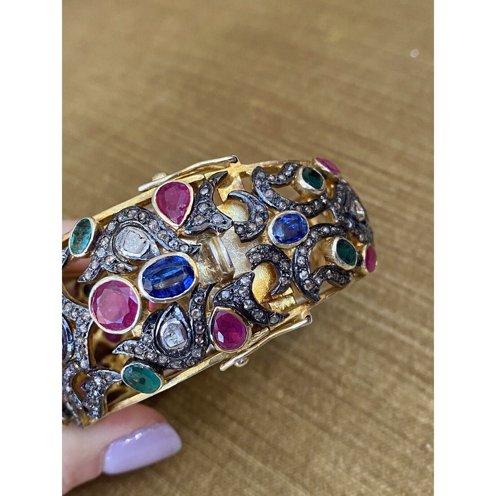 Vintage Multi Gems and Diamond Bangle Bracelet in 14k Gold and Silver