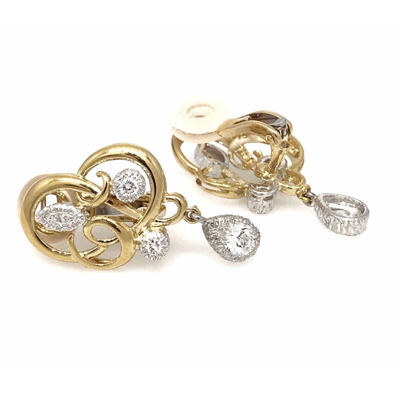 Diamond Swirl Earrings with Pear Shaped Drops in Platinum/18k Yellow Gold