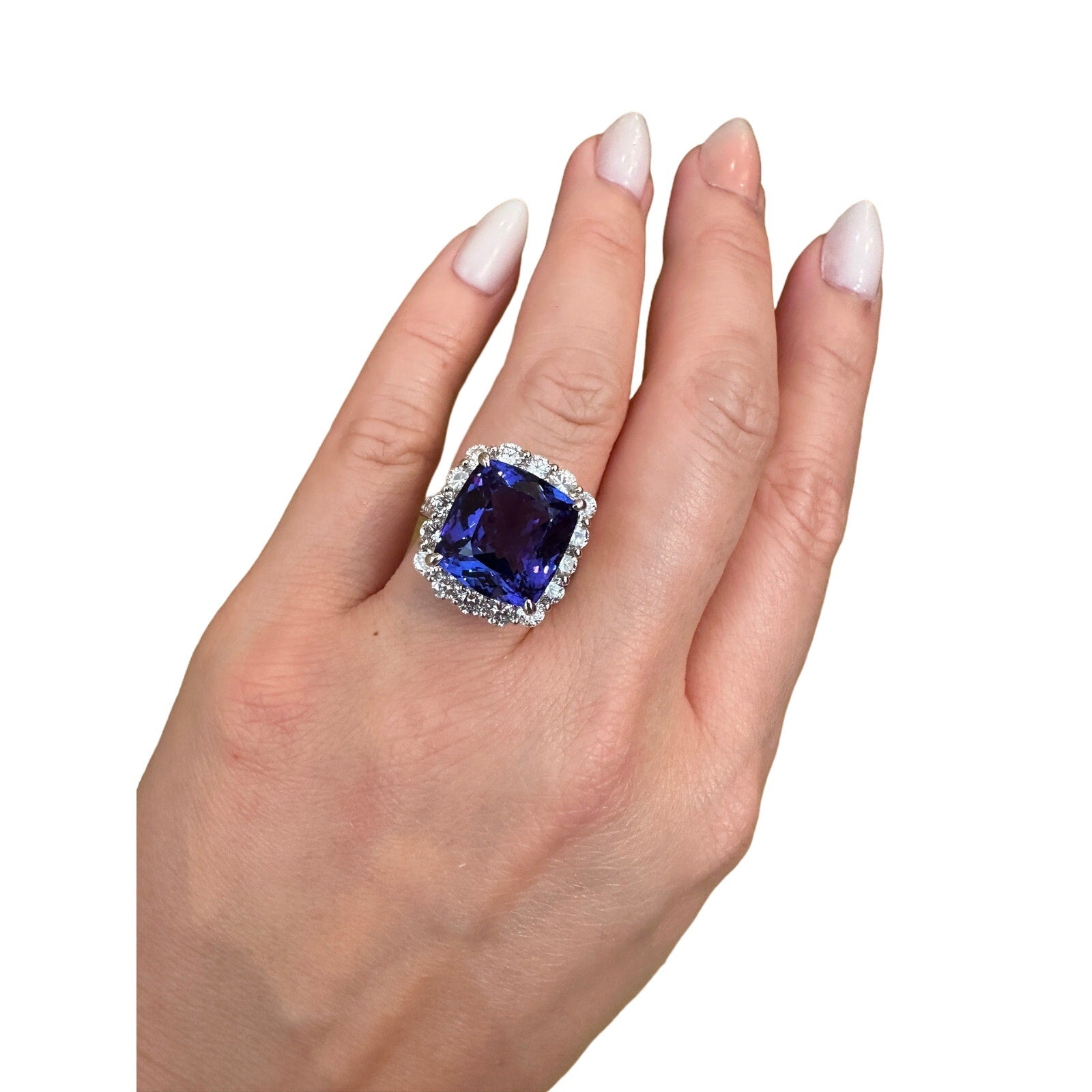 GIA 13.07cts Tanzanite in Diamond Halo Platinum Ring  (HM2575ZB)