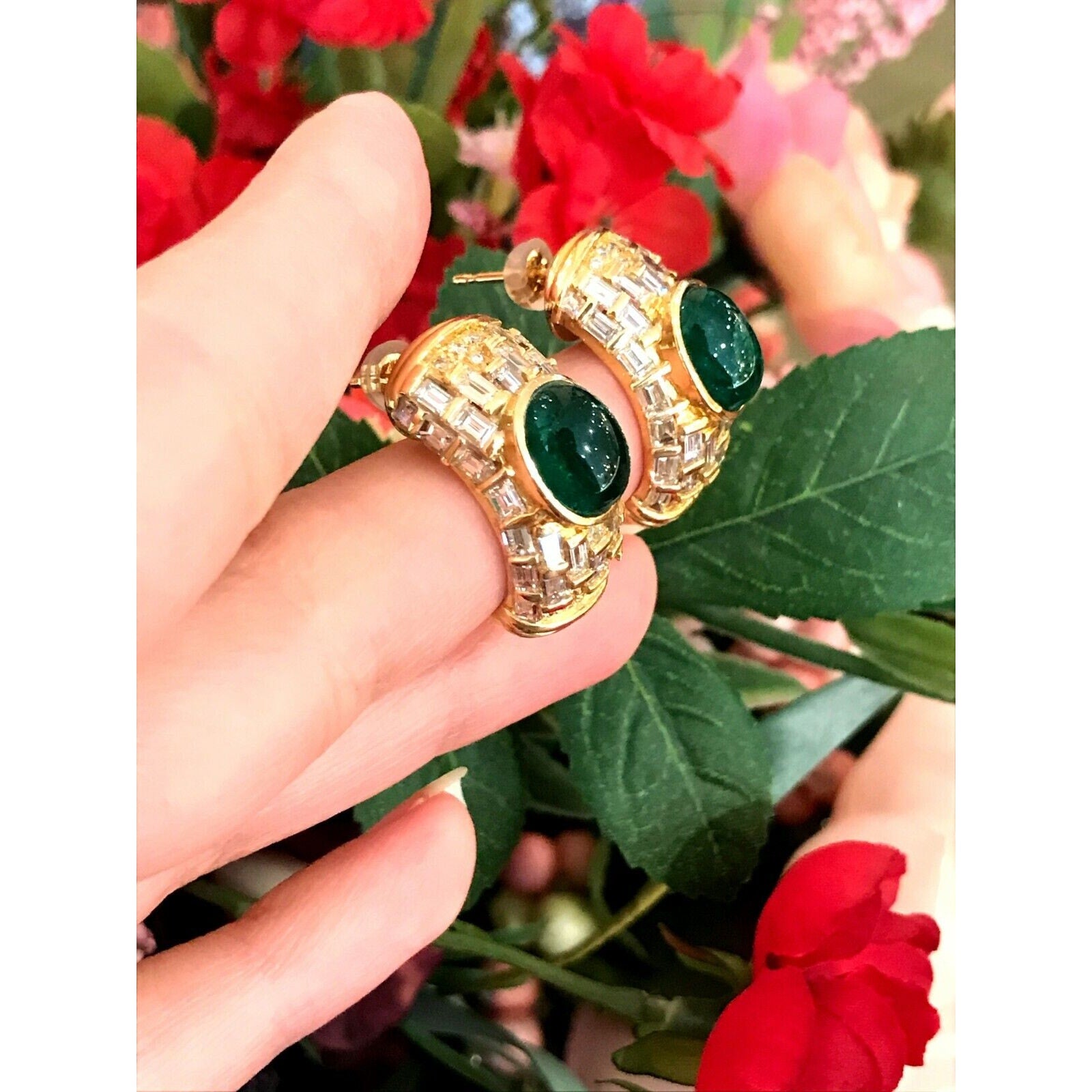 Estate Emerald and Diamond Half Hoop Earrings in 18k Yellow Gold