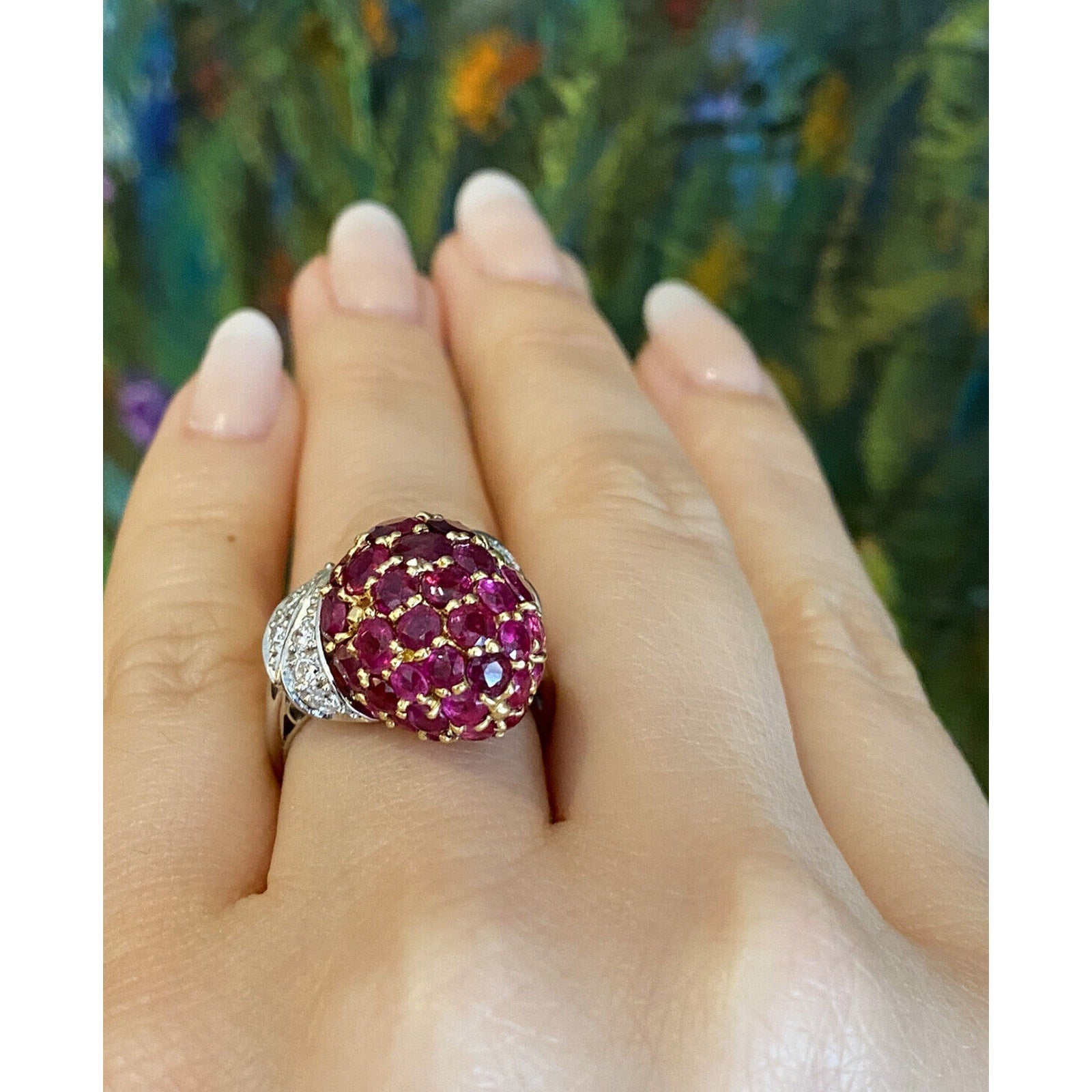 Ruby & Diamond Dome Strawberry Ring in 18k Yellow Gold & Platinum