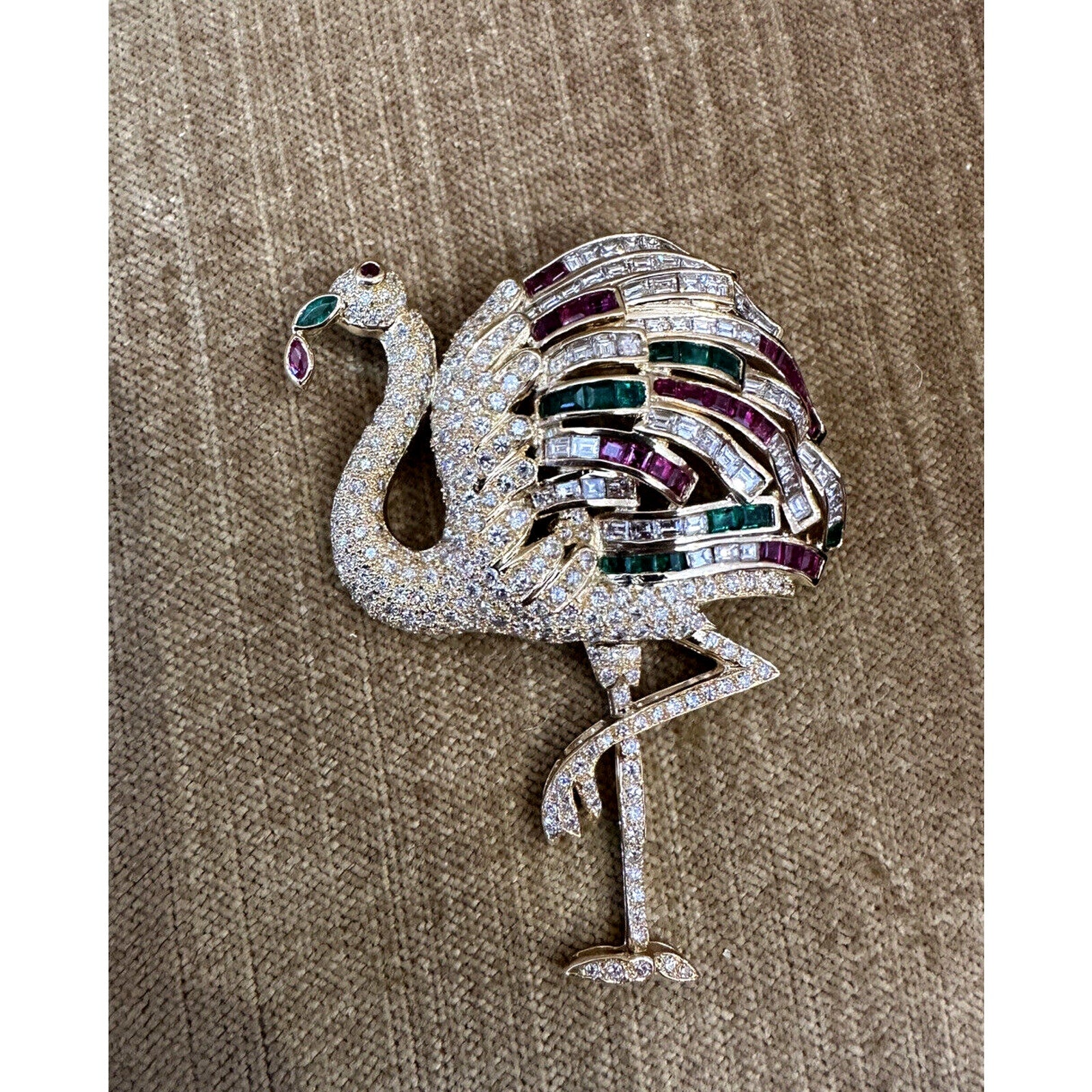 Large Diamond Flamingo Brooch w/Rubies, Emeralds in 18k Yellow Gold - HM2459ZE