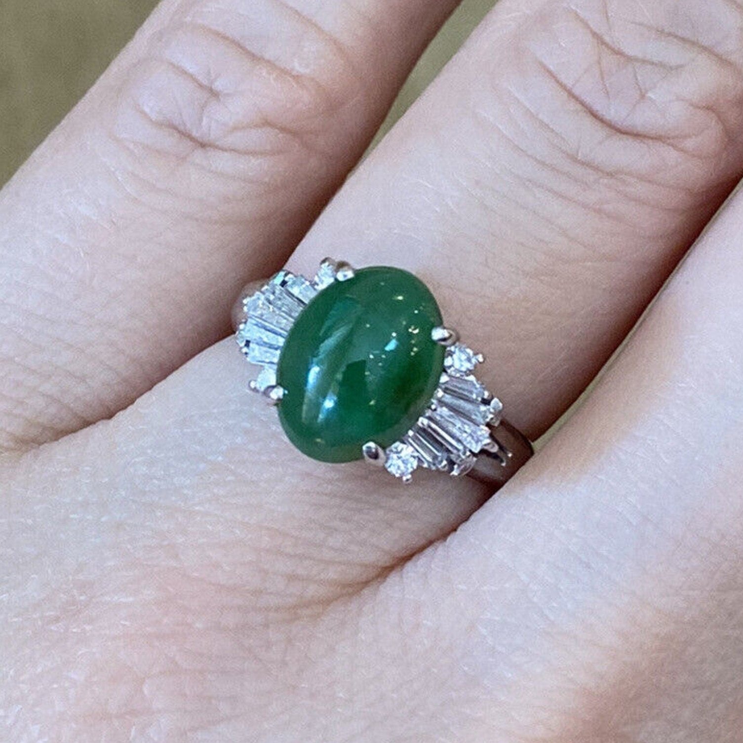 GIA Untreated Oval Jadeite Jade 2.79 carat and Diamond Ring in Platinum