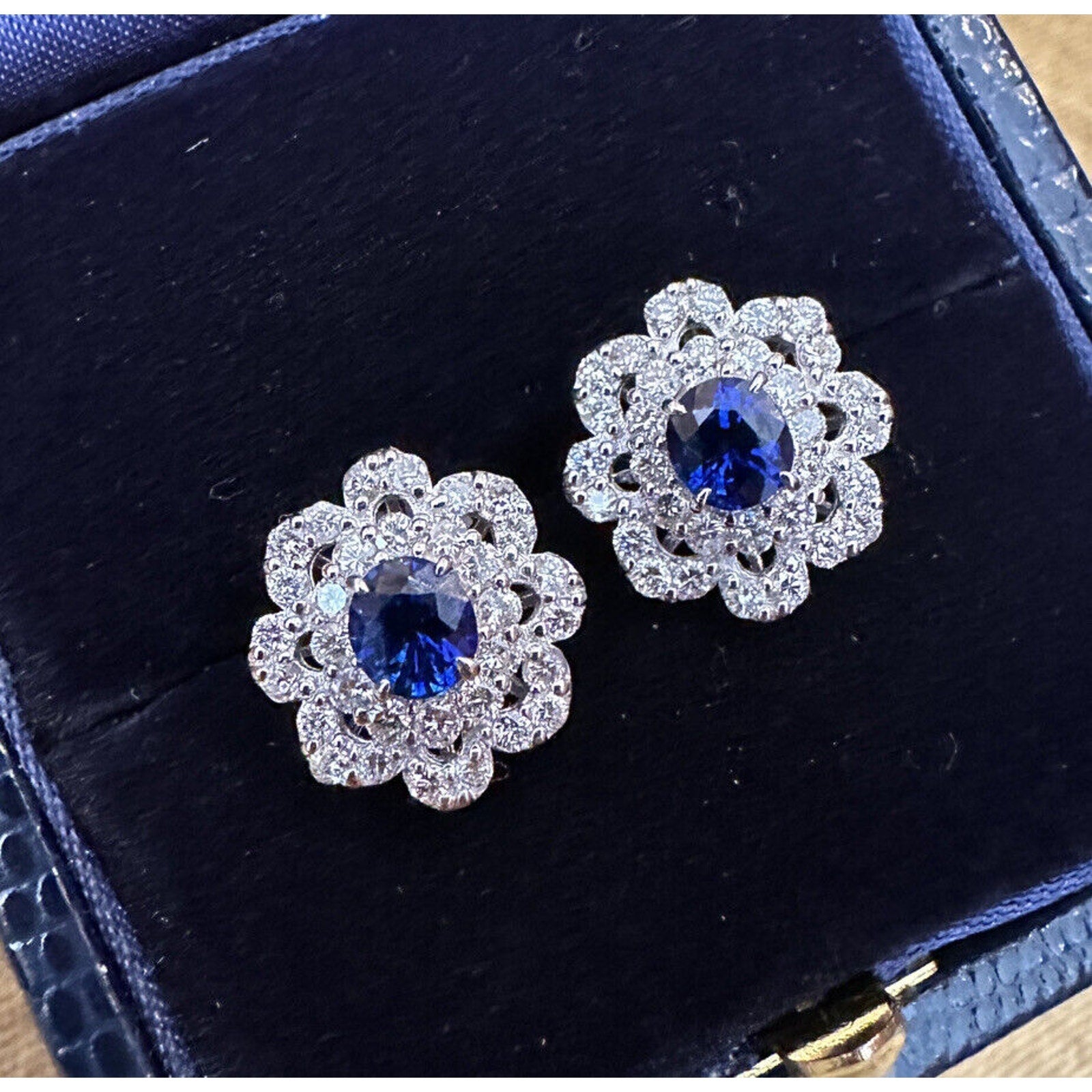 Scalloped Edge Halo Diamond and Sapphire Earrings in Platinum