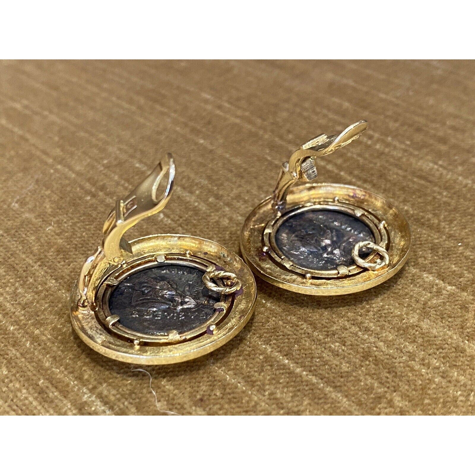 Vintage Large Ancient Coin Button Earrings in 18k Yellow Gold