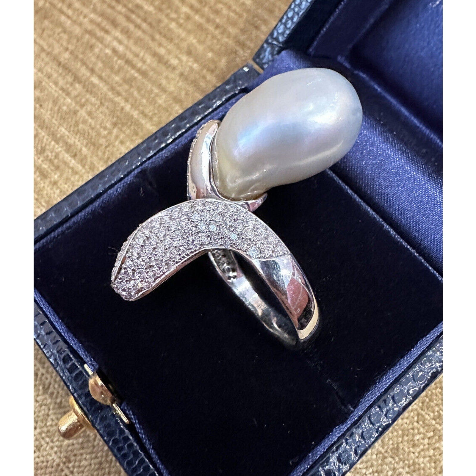 Large Baroque Pearl & Diamond Crossover Cocktail Ring in 18k White Gold