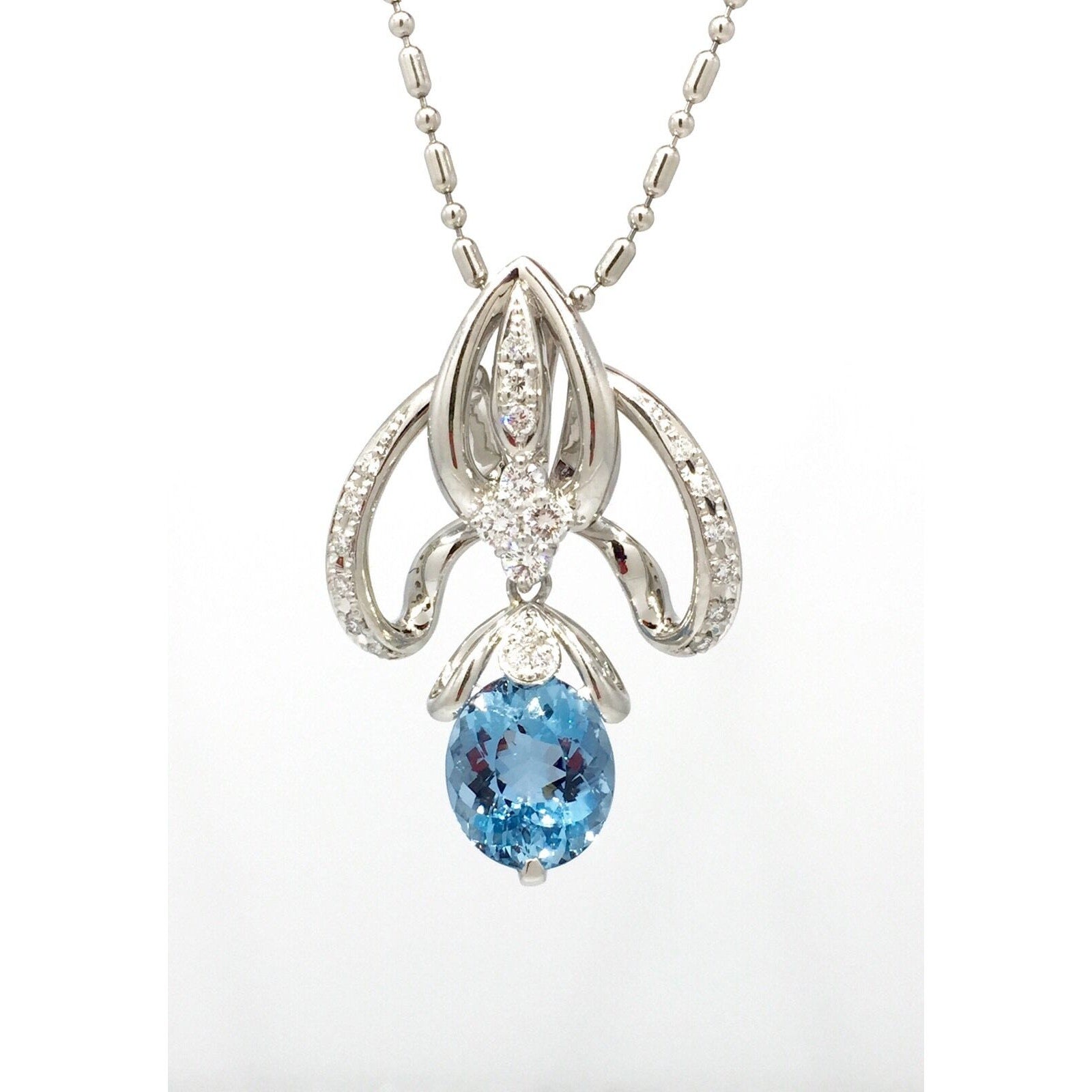 Oval Aquamarine and Diamond Pendant Necklace 24 inch in Platinum