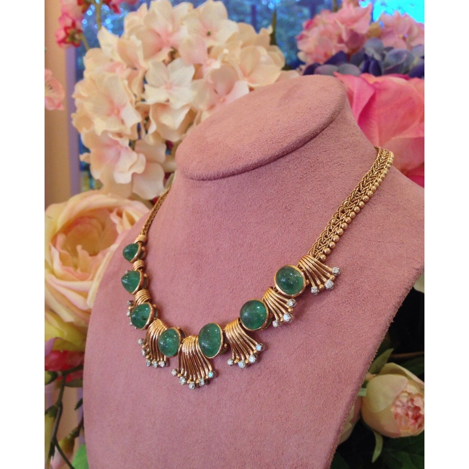 Retro Emerald Cabochon & Diamond Necklace in 18K Rose Gold