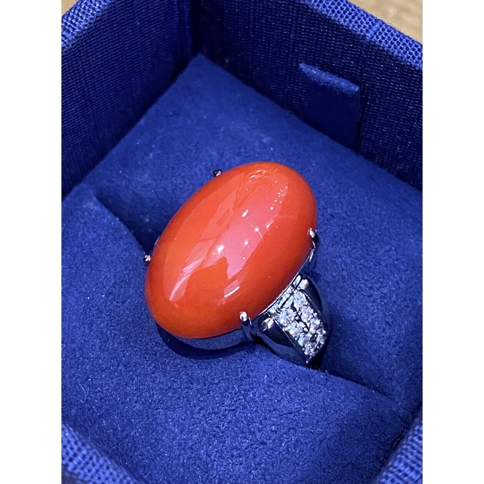 Large Oval Red Coral Cabochon & Diamond Cocktail Ring in Platinum