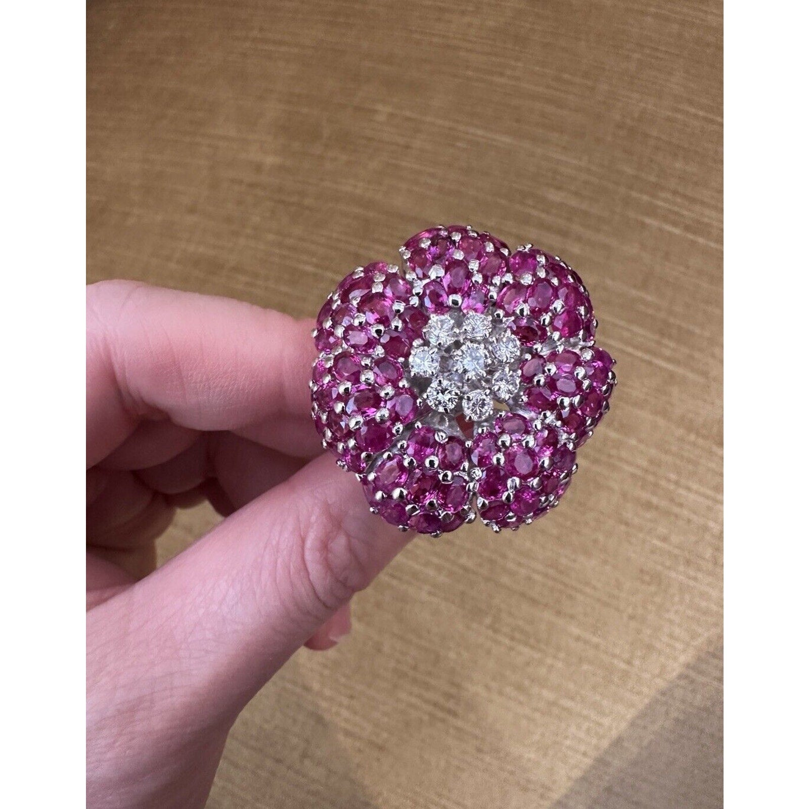 Large Ruby and Diamond Flower Cocktail Ring in 18k White Gold