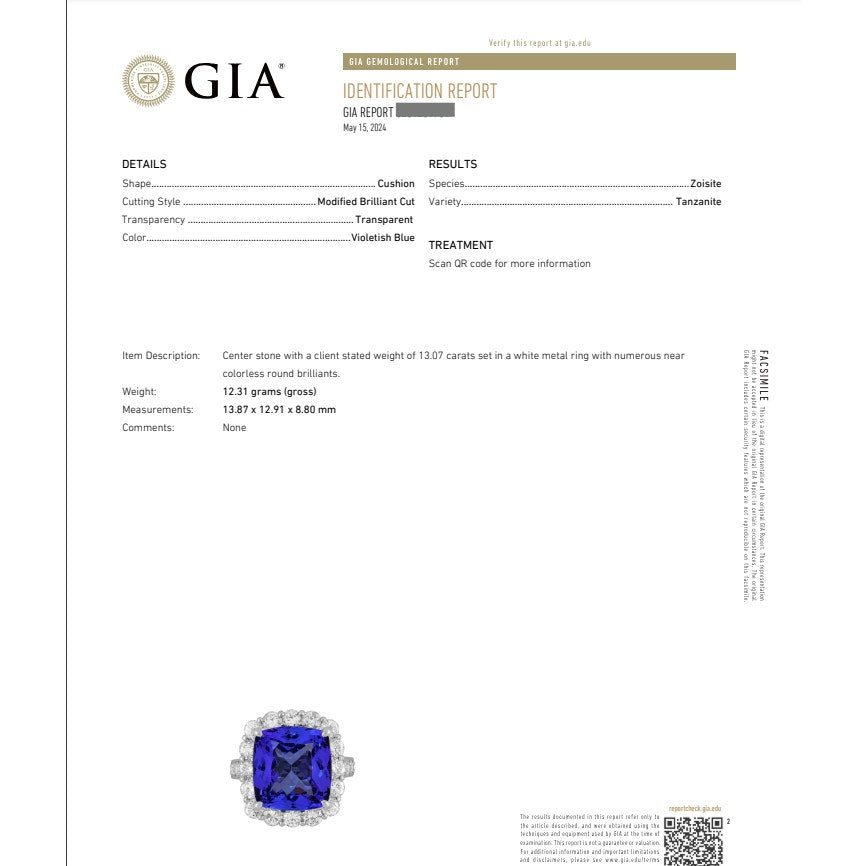 GIA 13.07cts Tanzanite in Diamond Halo Platinum Ring  (HM2575ZB)