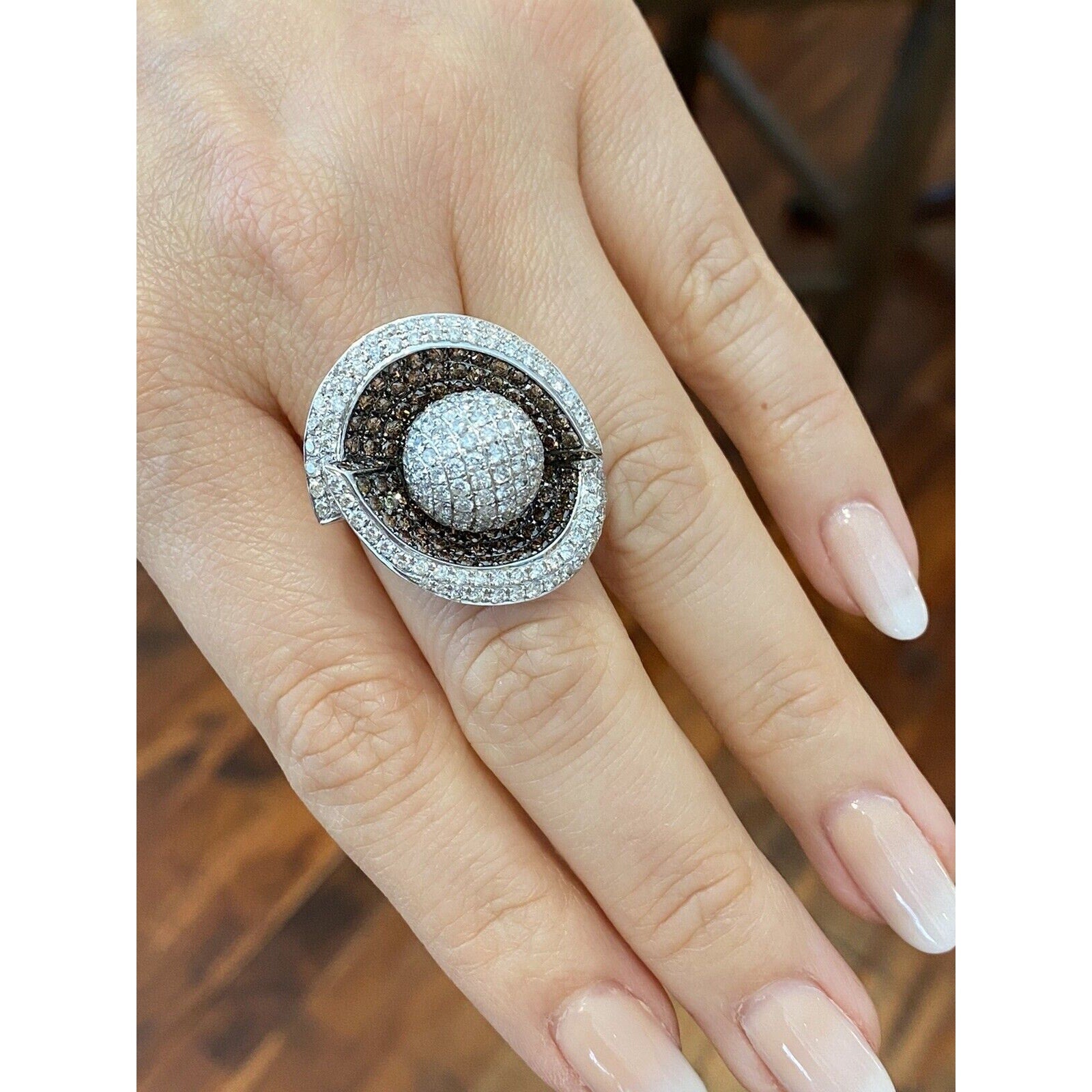 Large Pave Ball Ring with Brown and White Diamonds in 18k White Gold