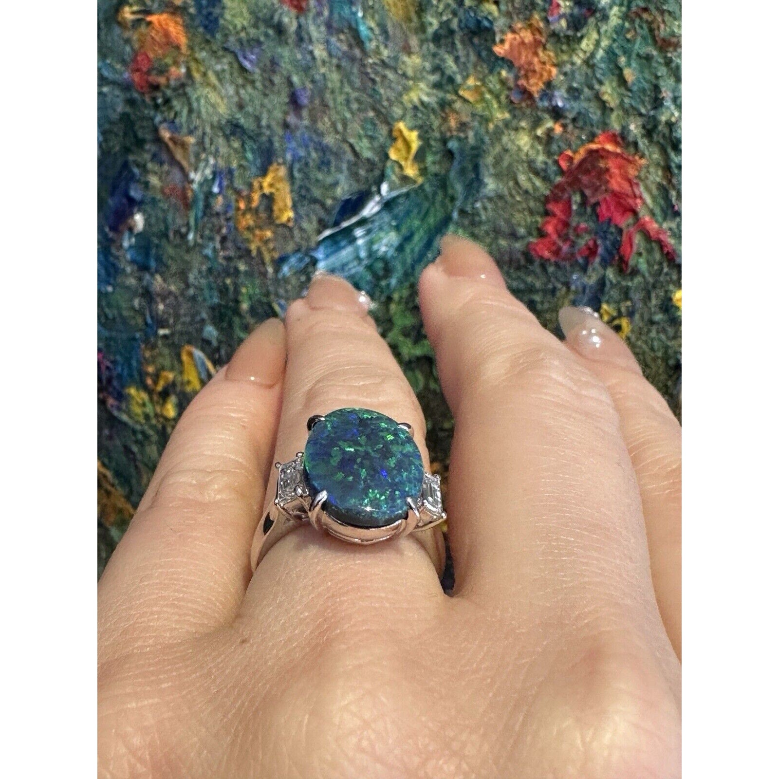 GIA 3.59 ct Black Opal & Diamond 3-stone Ring in Platinum