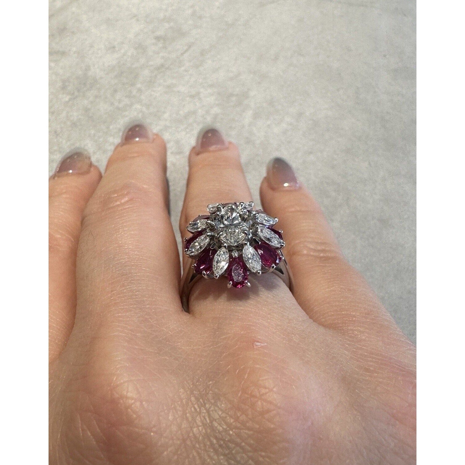 GIA .93 carat Marquise Diamond and Pear Ruby Cocktail Ring in Platinum