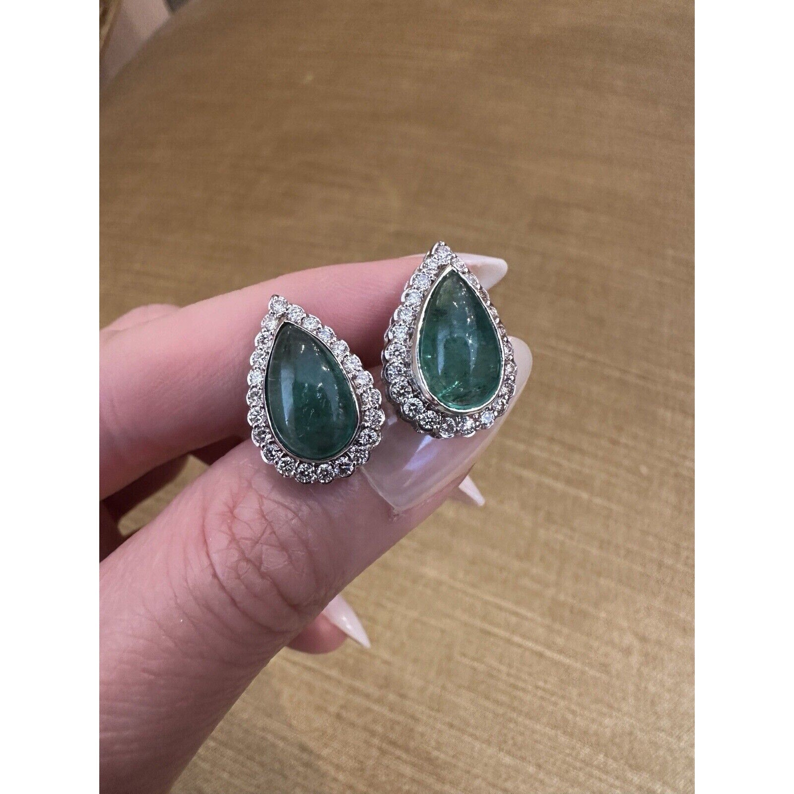 Emerald Cabochon Earrings with Diamonds in 18k White Gold