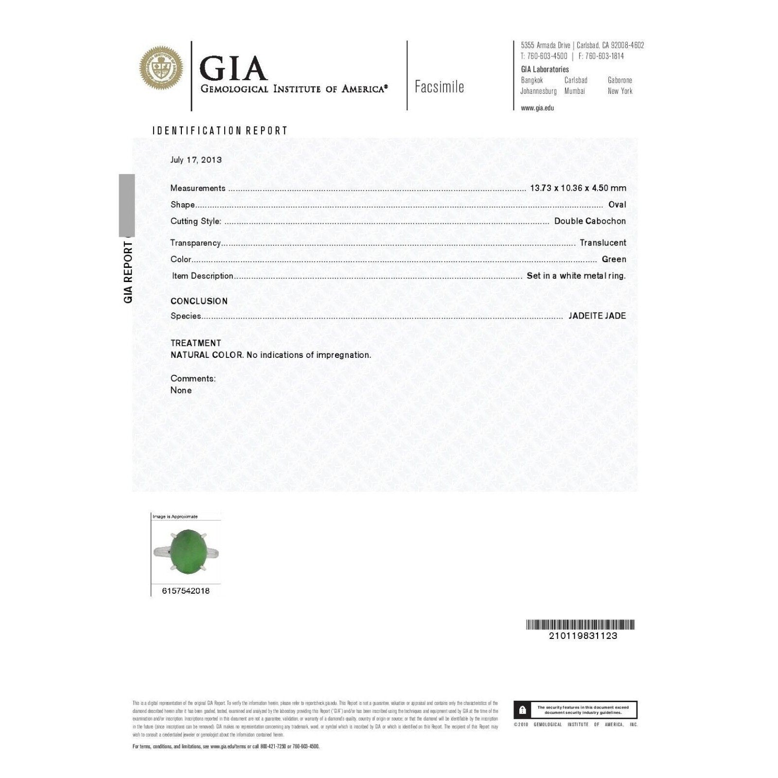 GIA Certified Oval Jadeite Jade Solitaire Ring in Platinum