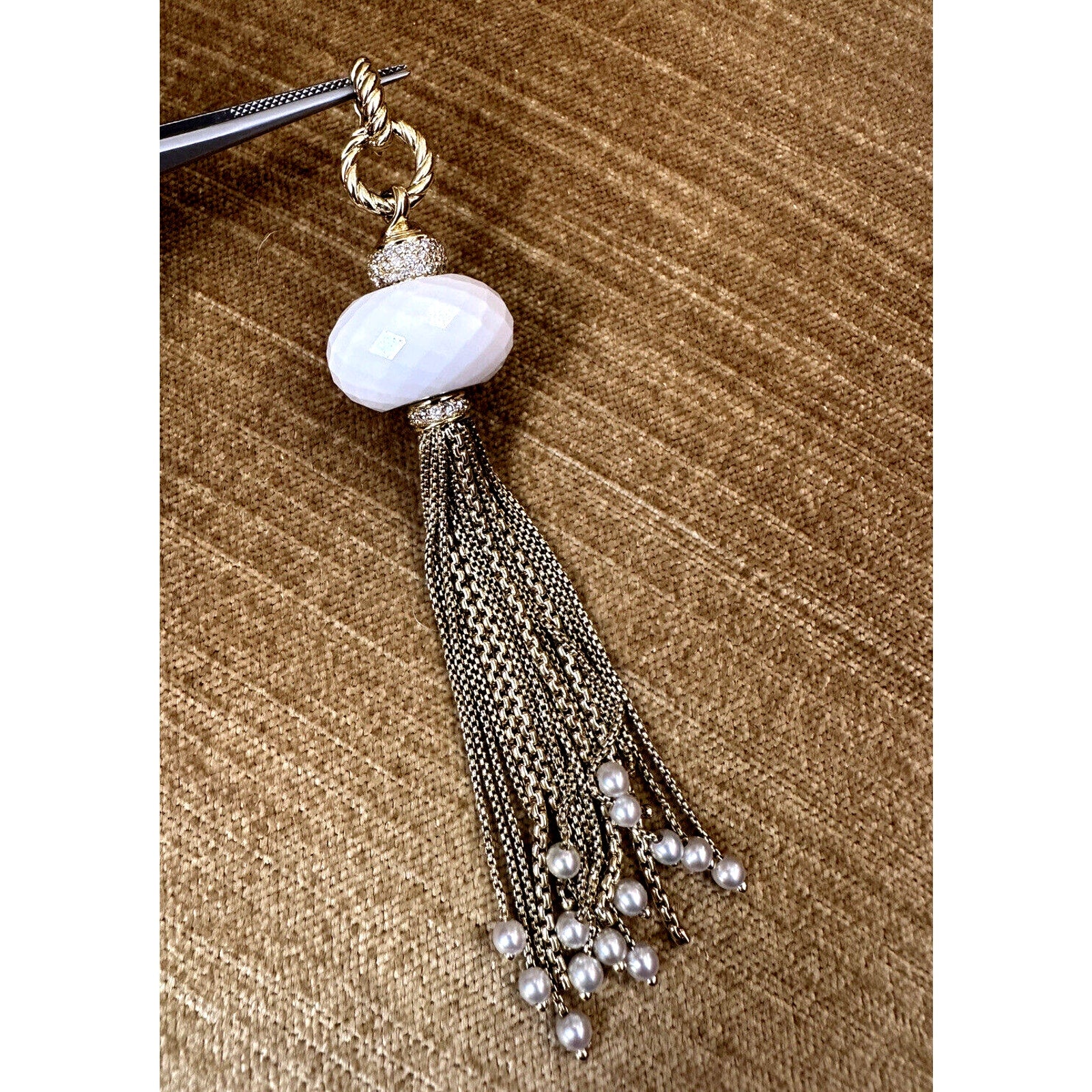 David Yurman White Onyx, Pearl & Diamond Tassel Pendant 18k Yellow Gold