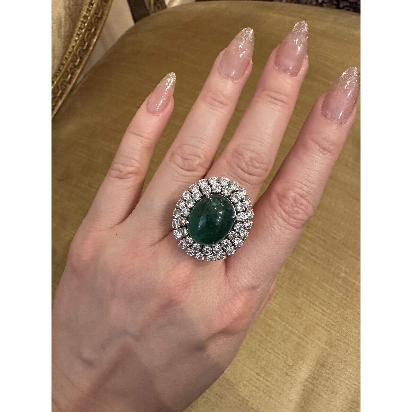 GIA 11.67 ct Natural Emerald Cabochon & Diamond Ring in 18k White Gold - HM2402