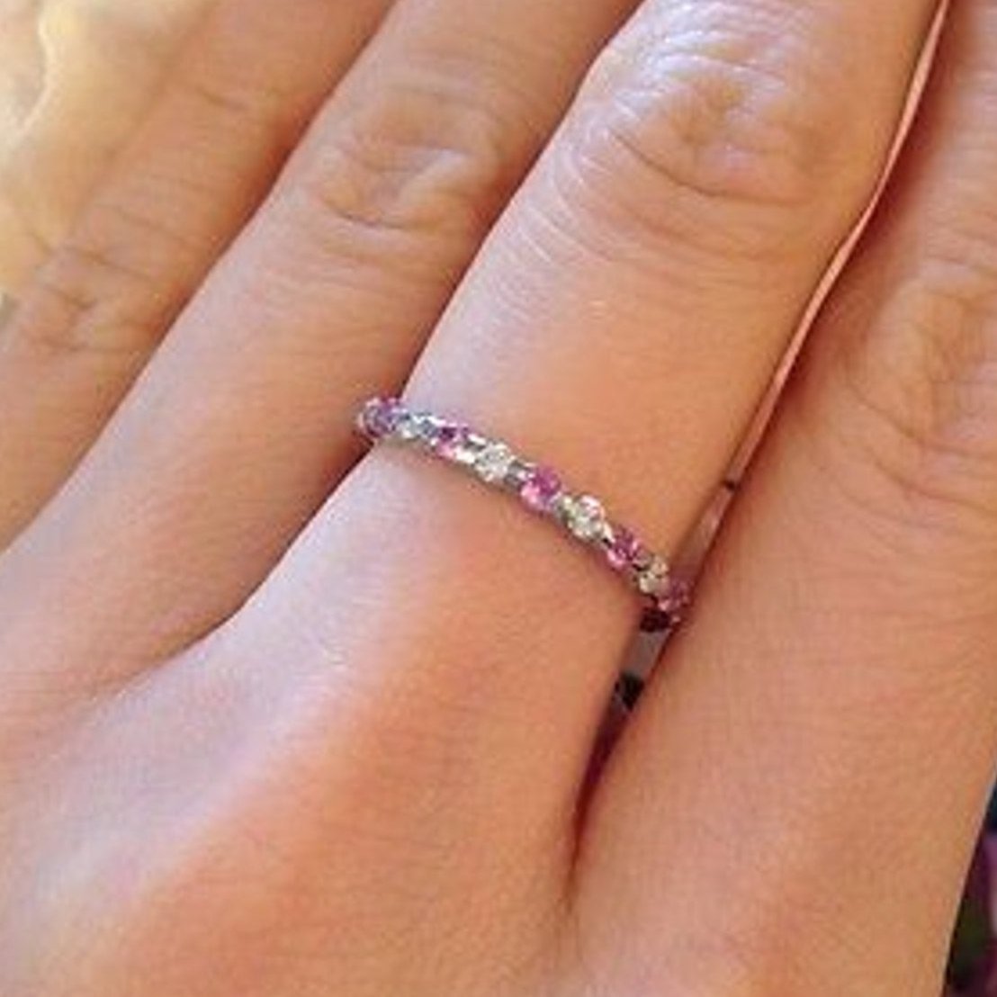 Diamond and Pink Sapphire Eternity Band Ring Sz 6.5 in Platinum