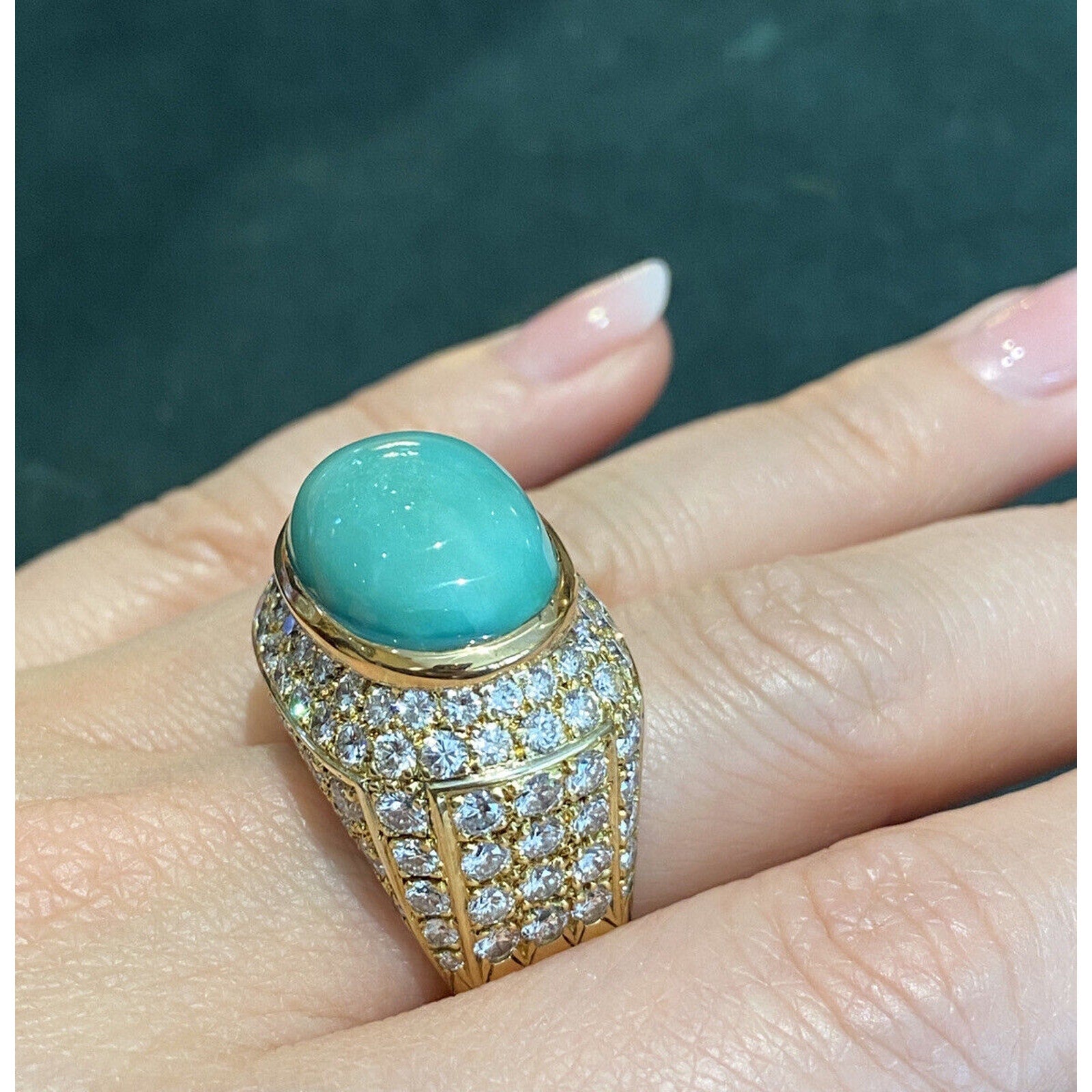 Large Estate Pave Diamond and Turquoise Dome Ring in 18k Yellow Gold - HM1799EE