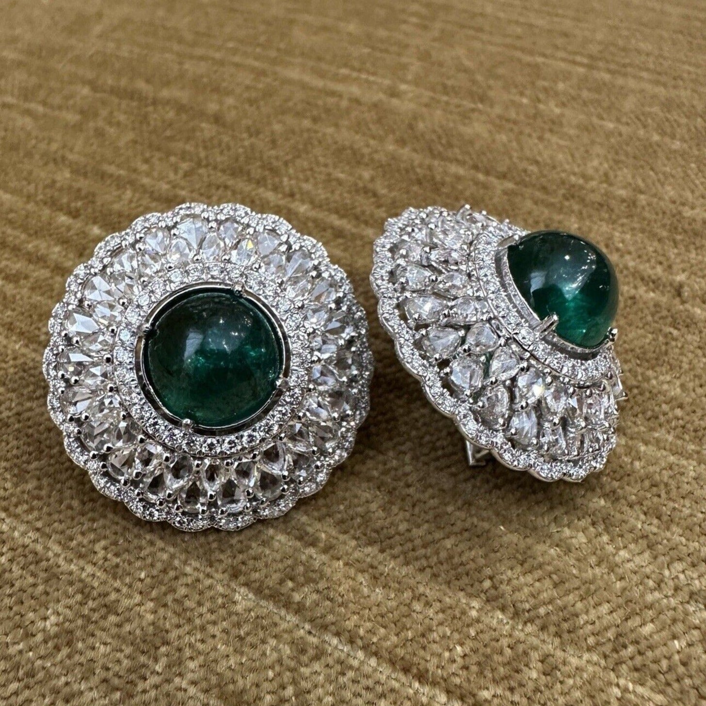 Emerald Cabochon and Rose cut Diamond Earrings in 18k White Gold - HM2569EI