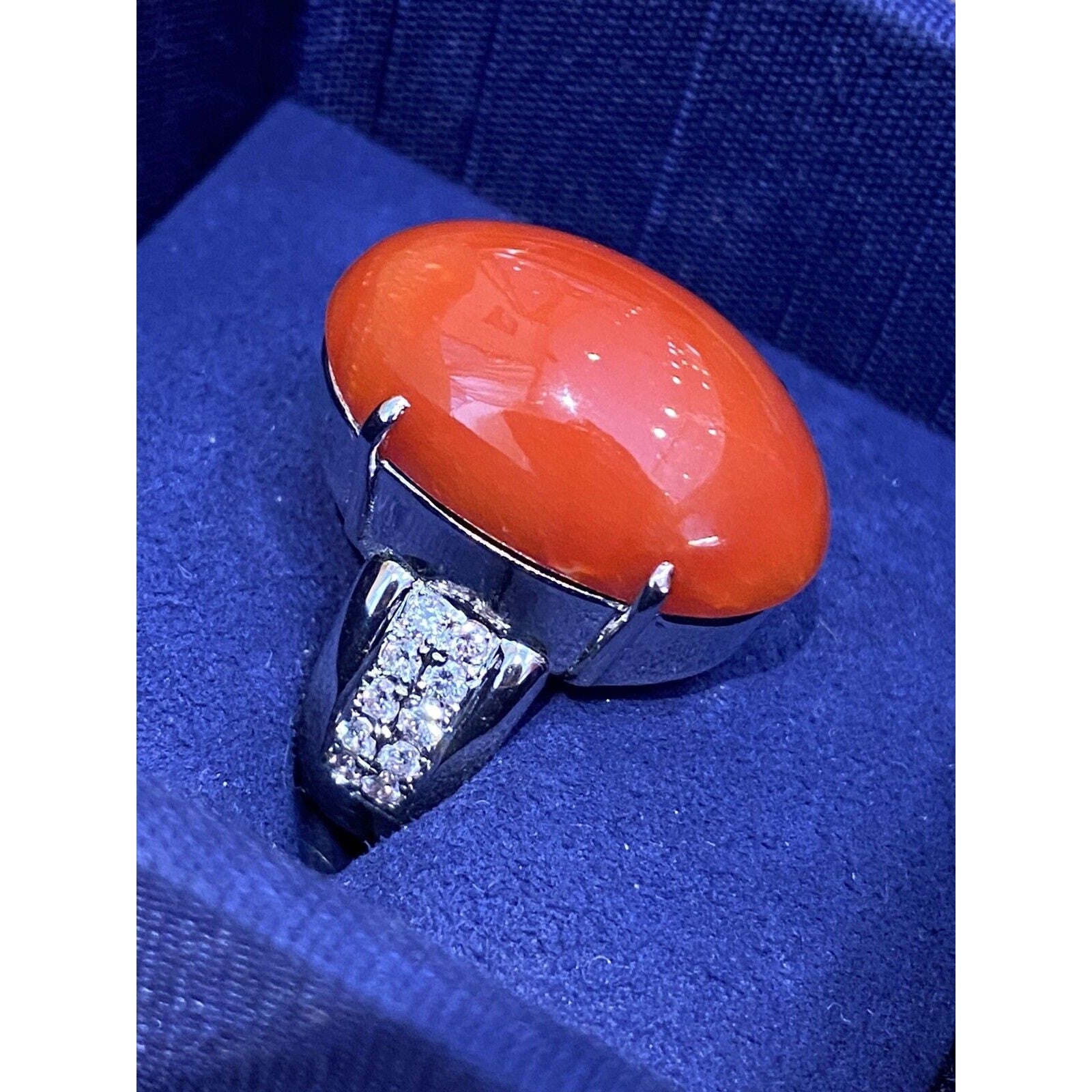 Large Oval Red Coral Cabochon & Diamond Cocktail Ring in Platinum