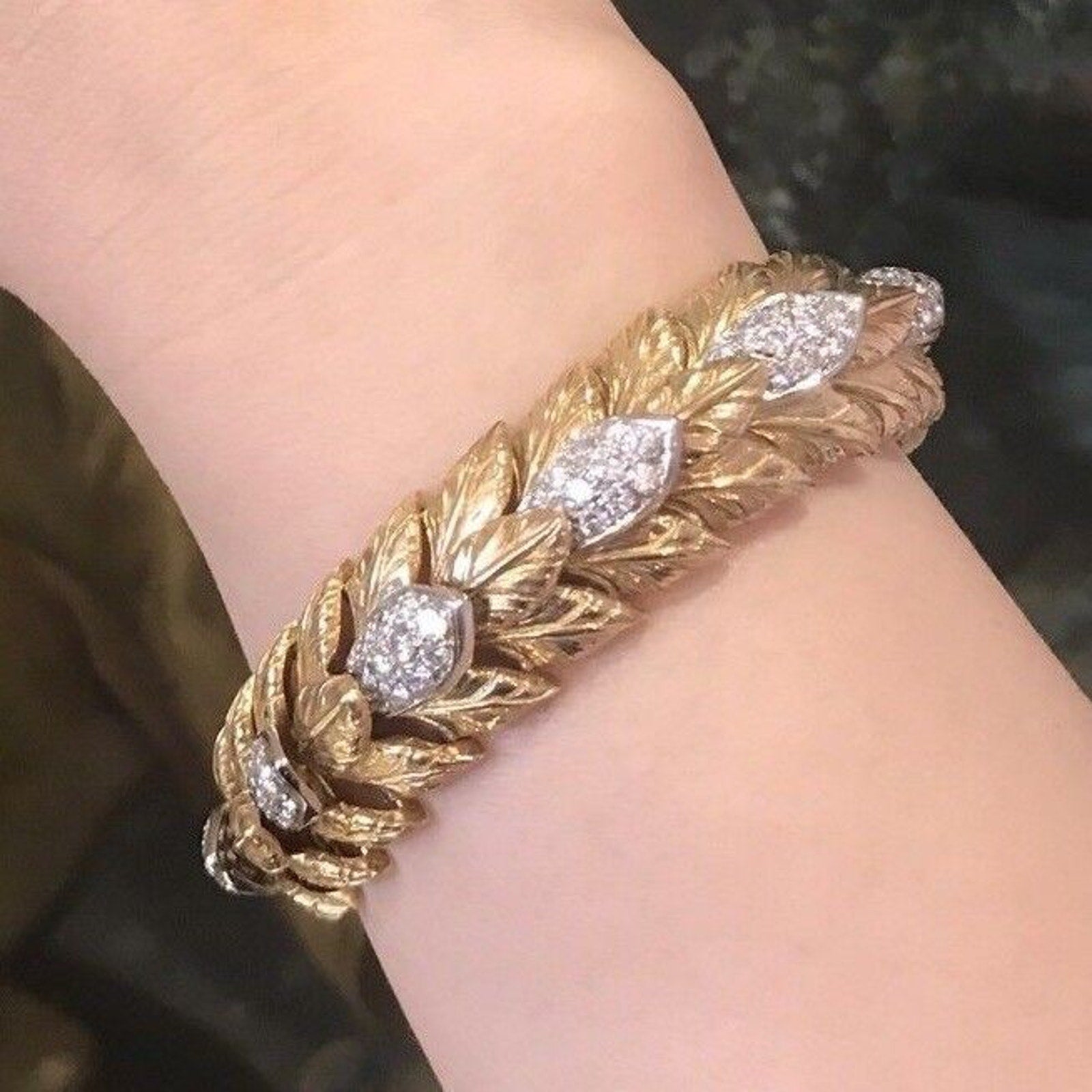 Heavy Vintage Carved Leaf Diamond Bracelet in 18k Yellow Gold
