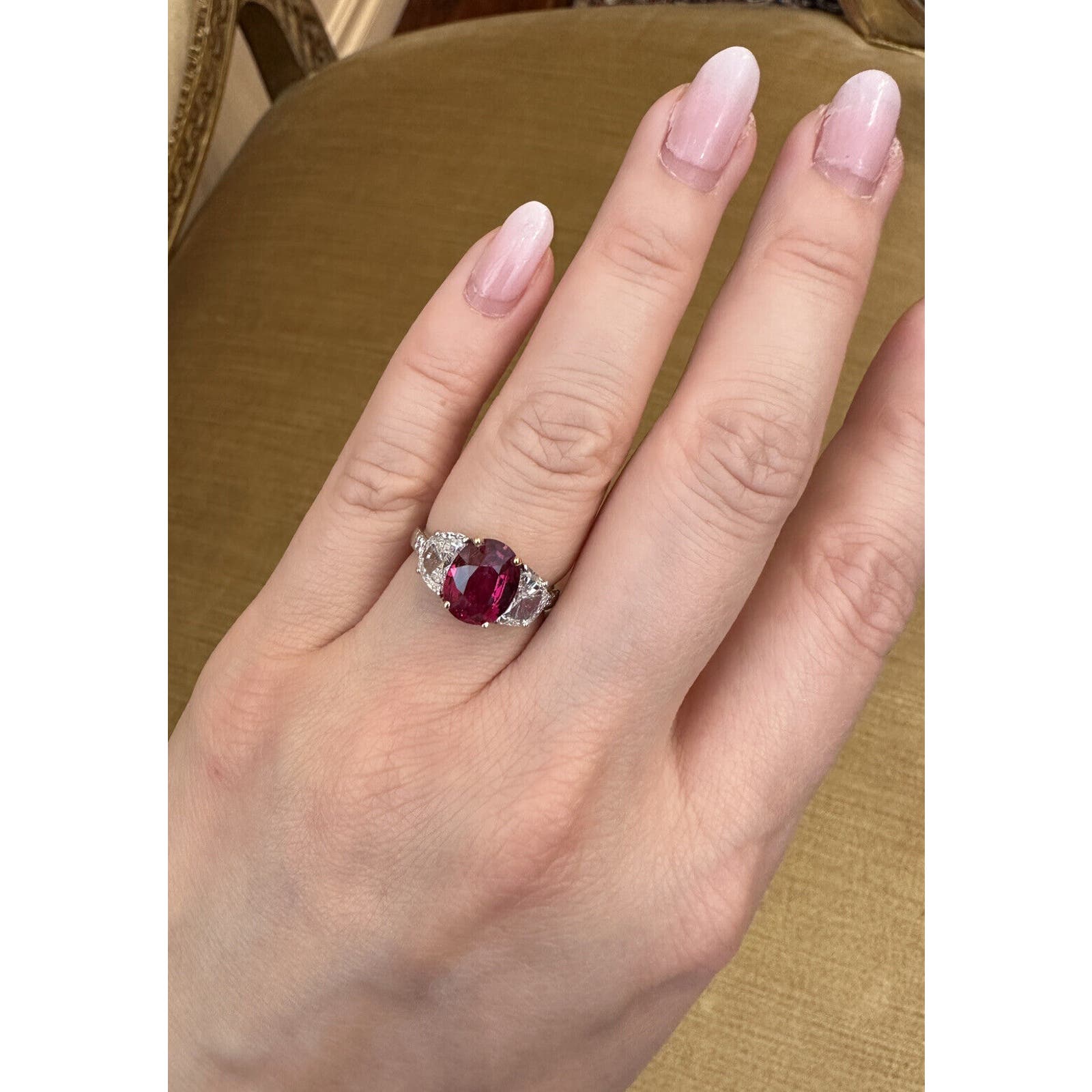 AGL 3.03 ct Oval Unheated Ruby & Diamond 3 Stone Platinum & 18K Ring - HM2495SI