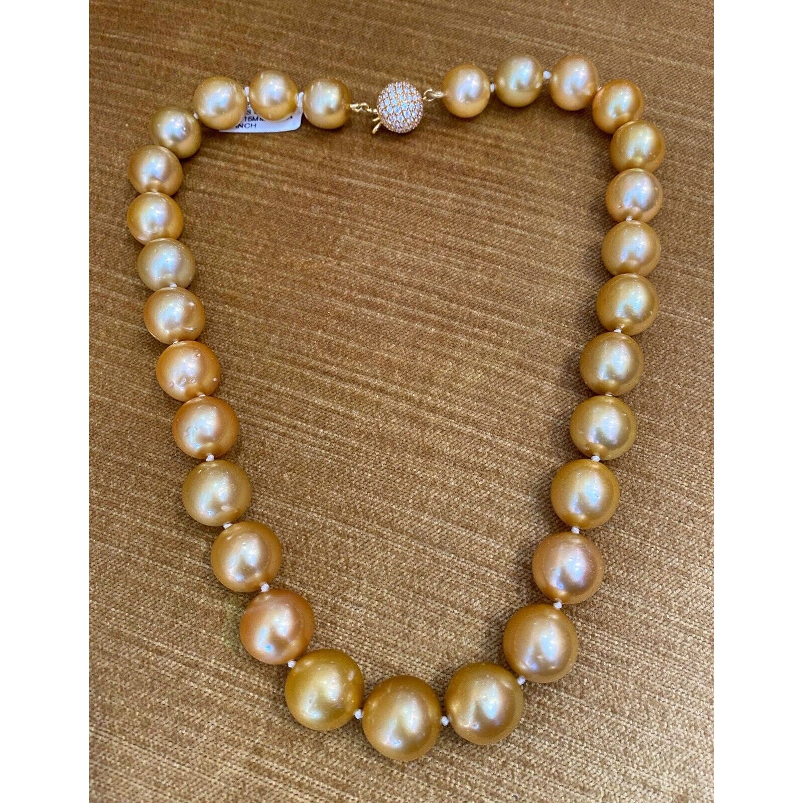 Golden South Sea Pearls w/ Pave Diamond Clasp Necklace 18k Yellow Gold - HM1659B