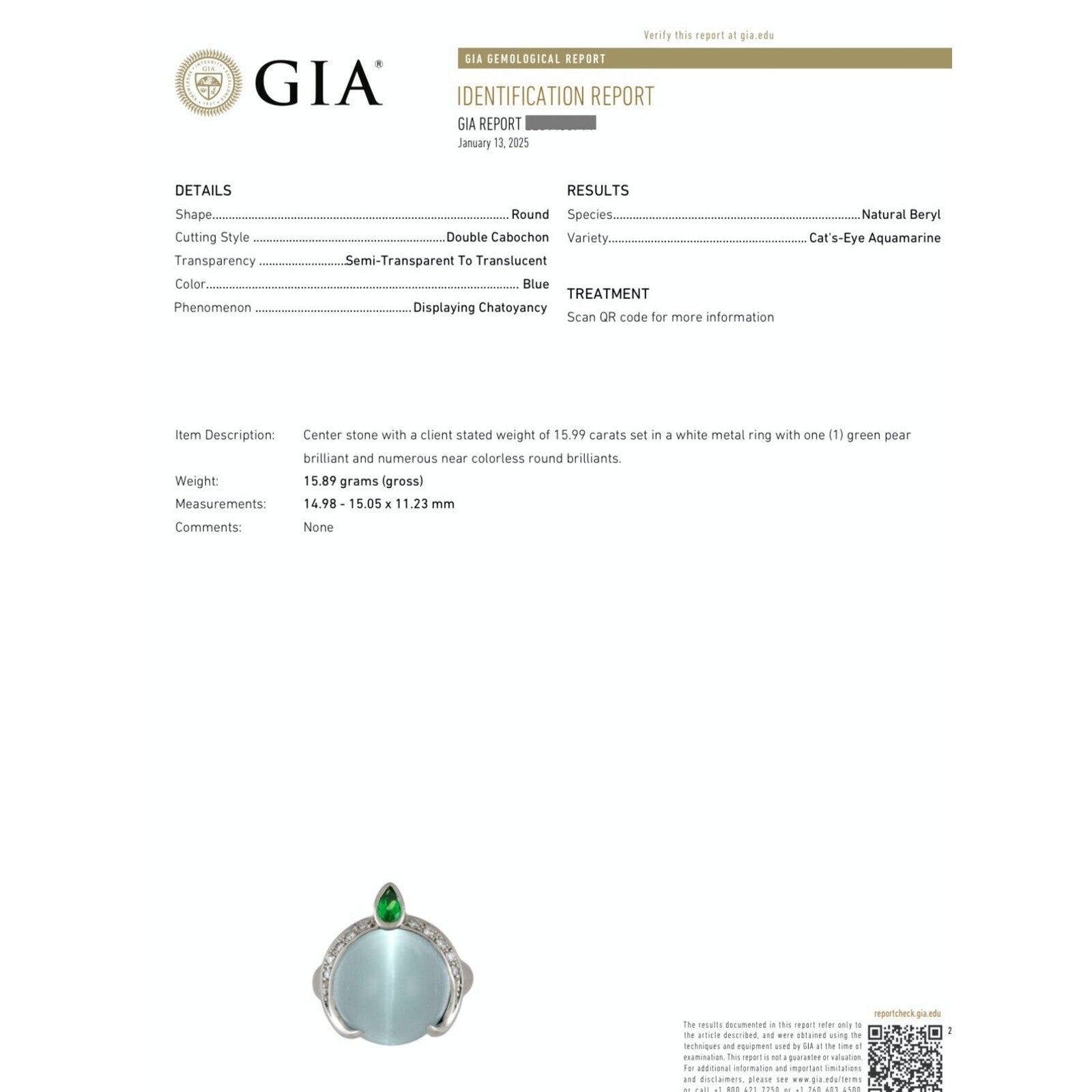 GIA Cat's Eye Aquamarine and Diamond Ring in Platinum